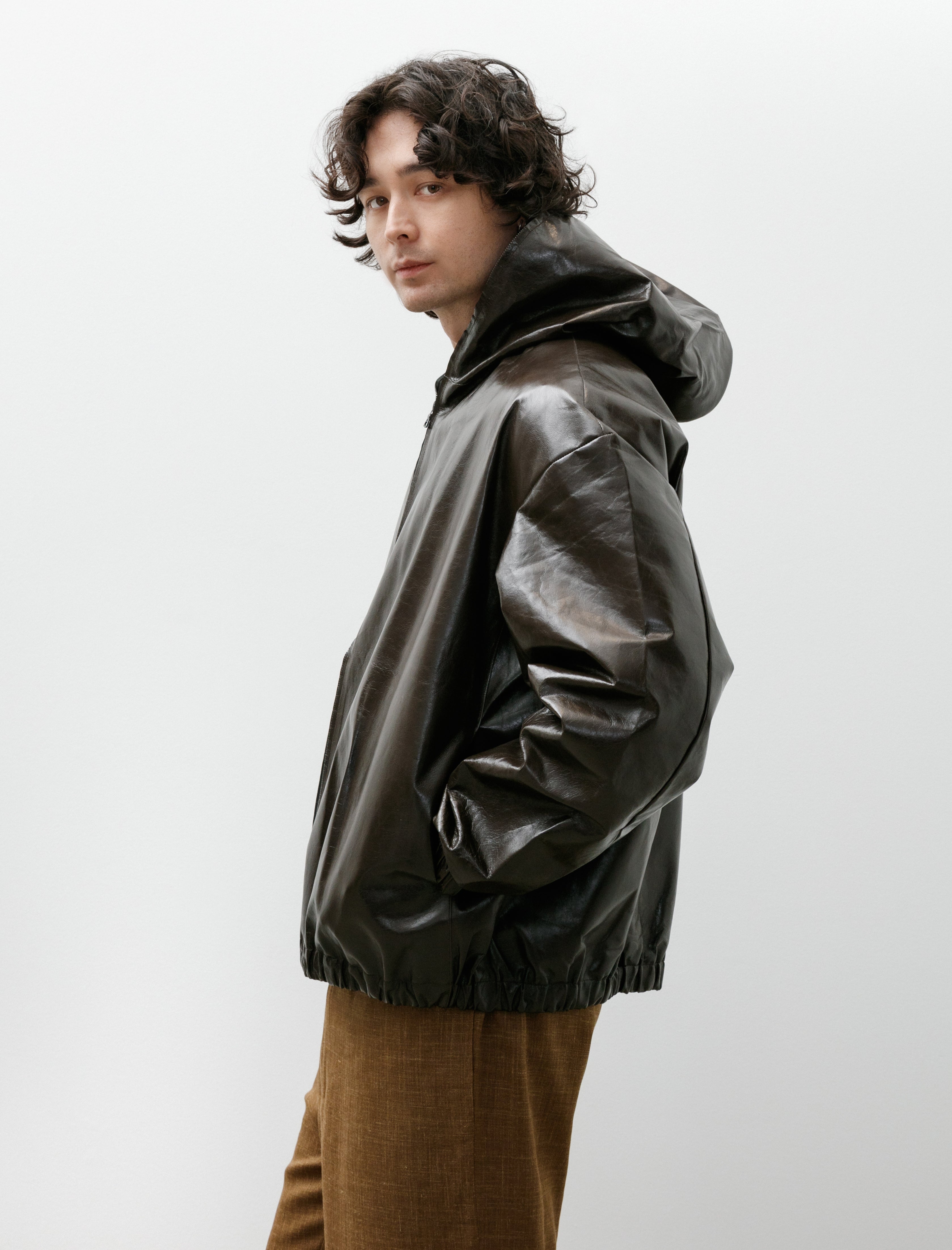 Gabriela Coll No.216 Leather Hooded Zipper Jacket Dark Brown