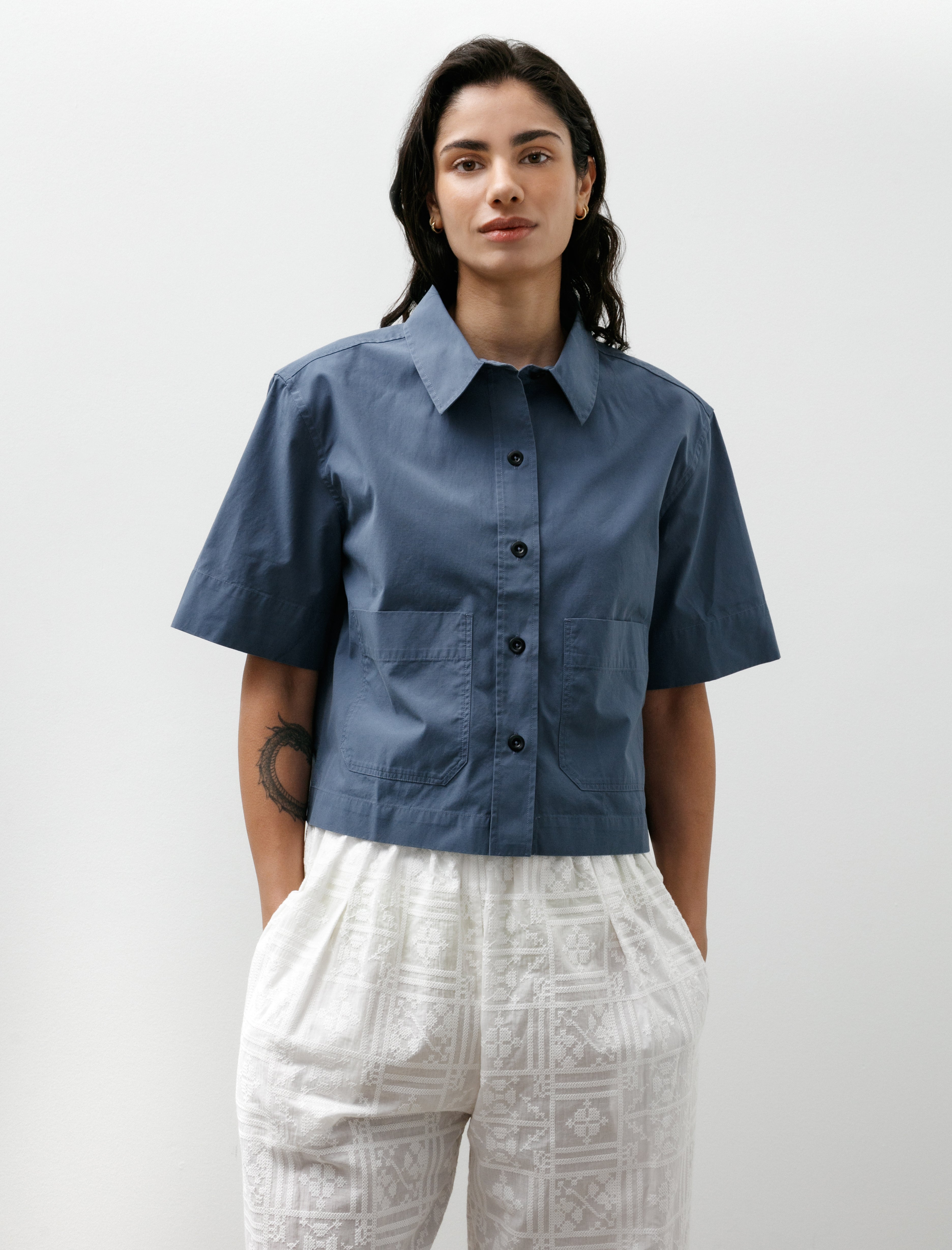 Margaret Howell MHL Cropped Uniform Shirt Sanded Cotton Poplin Uniform Blue
