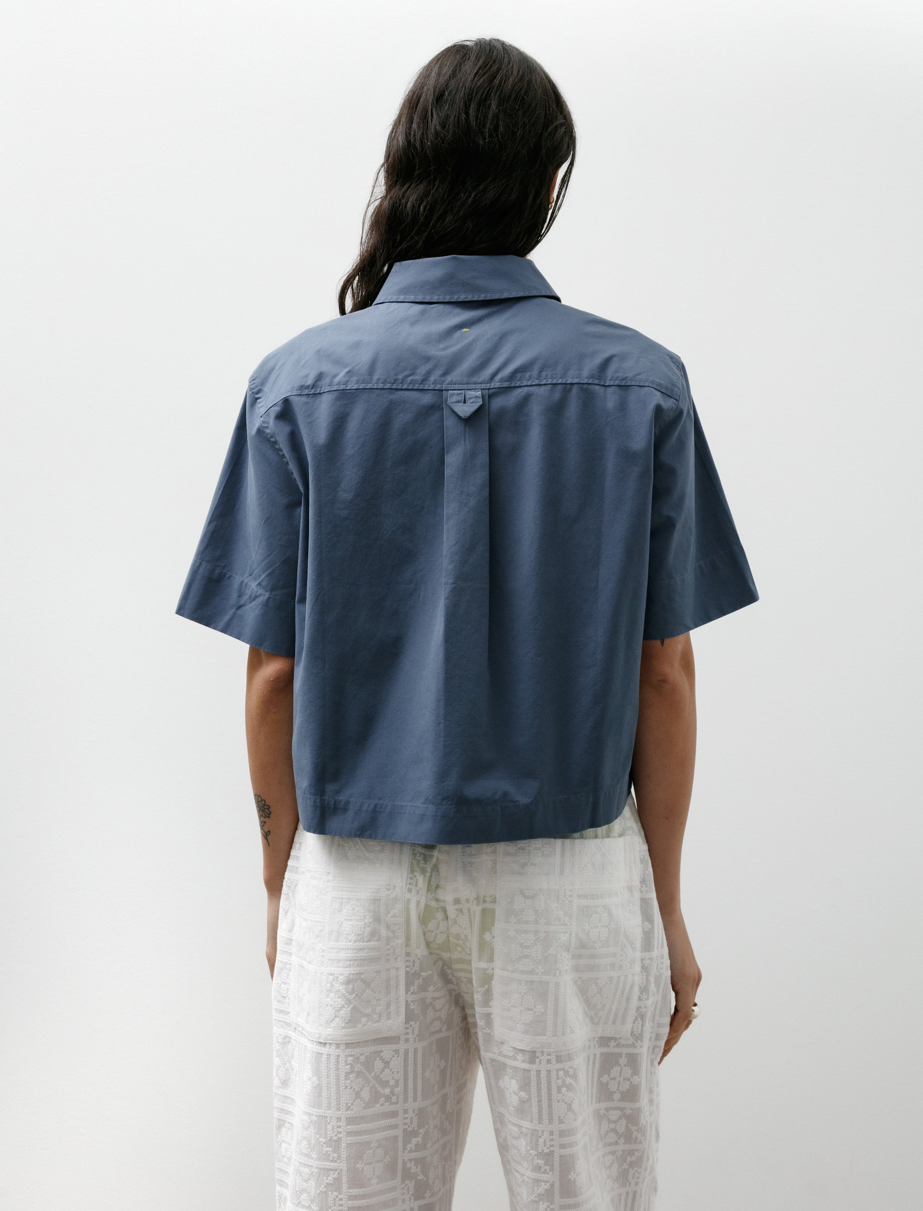 Margaret Howell MHL Cropped Uniform Shirt Sanded Cotton Poplin Uniform Blue