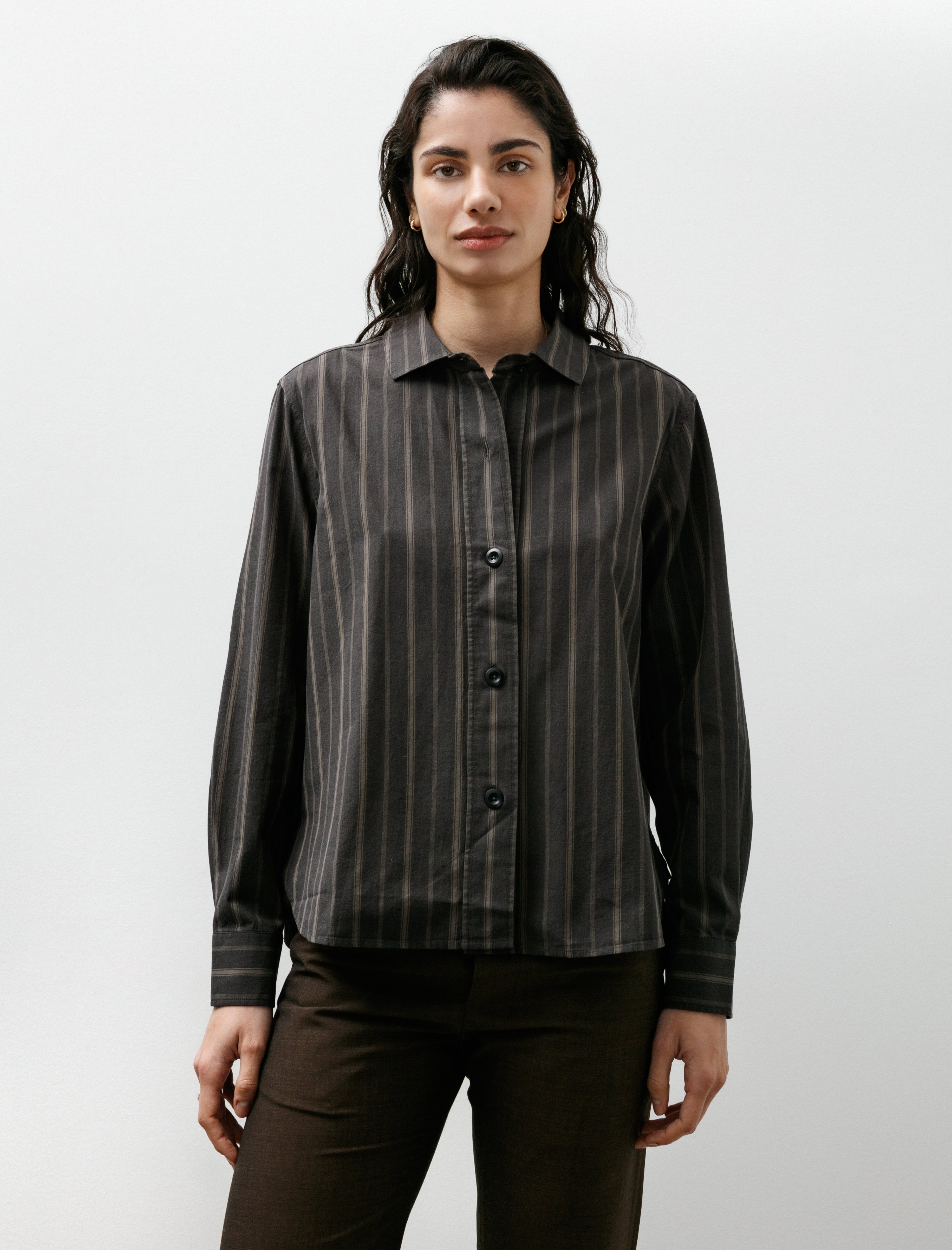 Margaret Howell MHL Simple Shirt Bold Stripe Cotton Off Black/Khaki