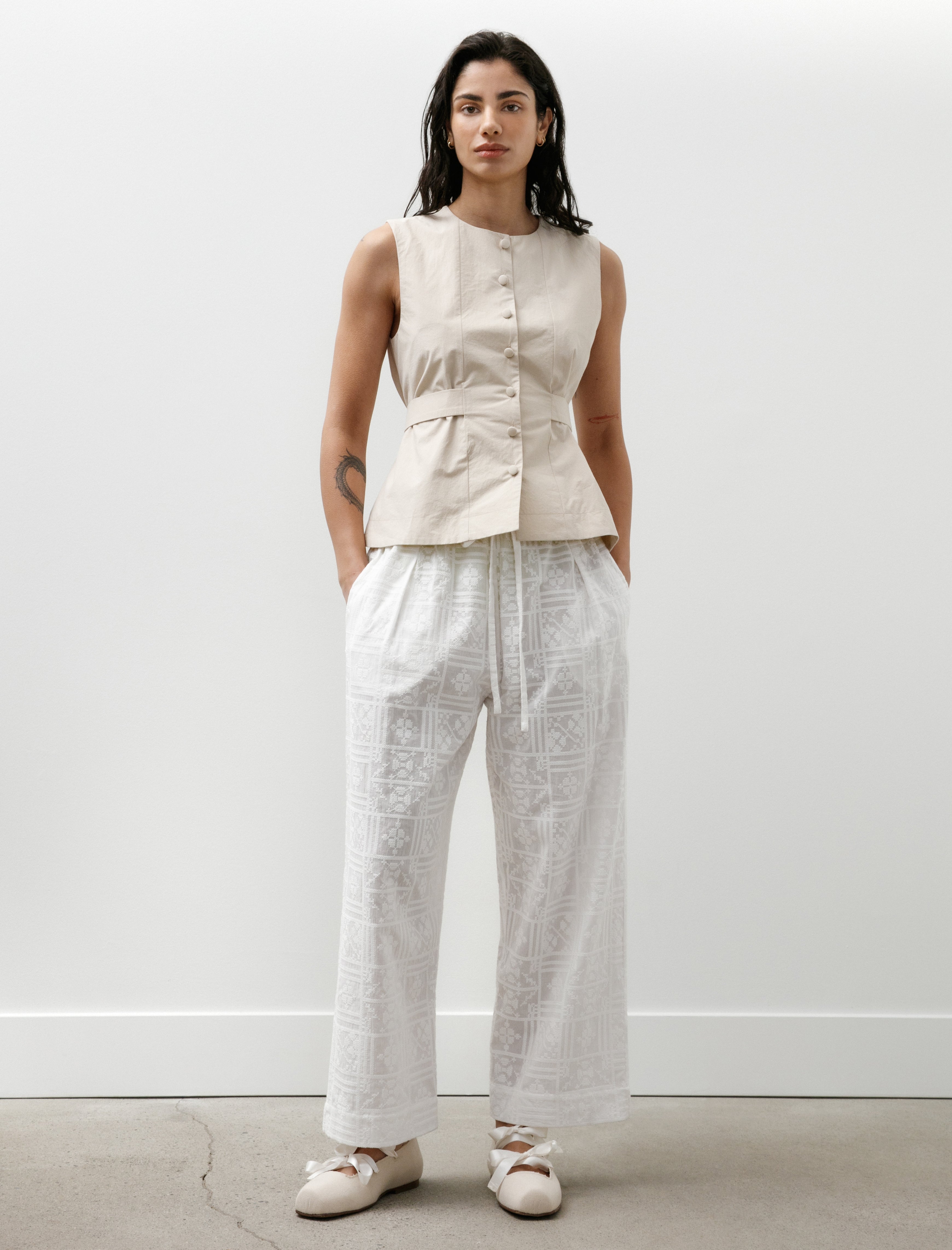 Cawley Cross Stitch Embroidery Voile Luna Trousers Ivory
