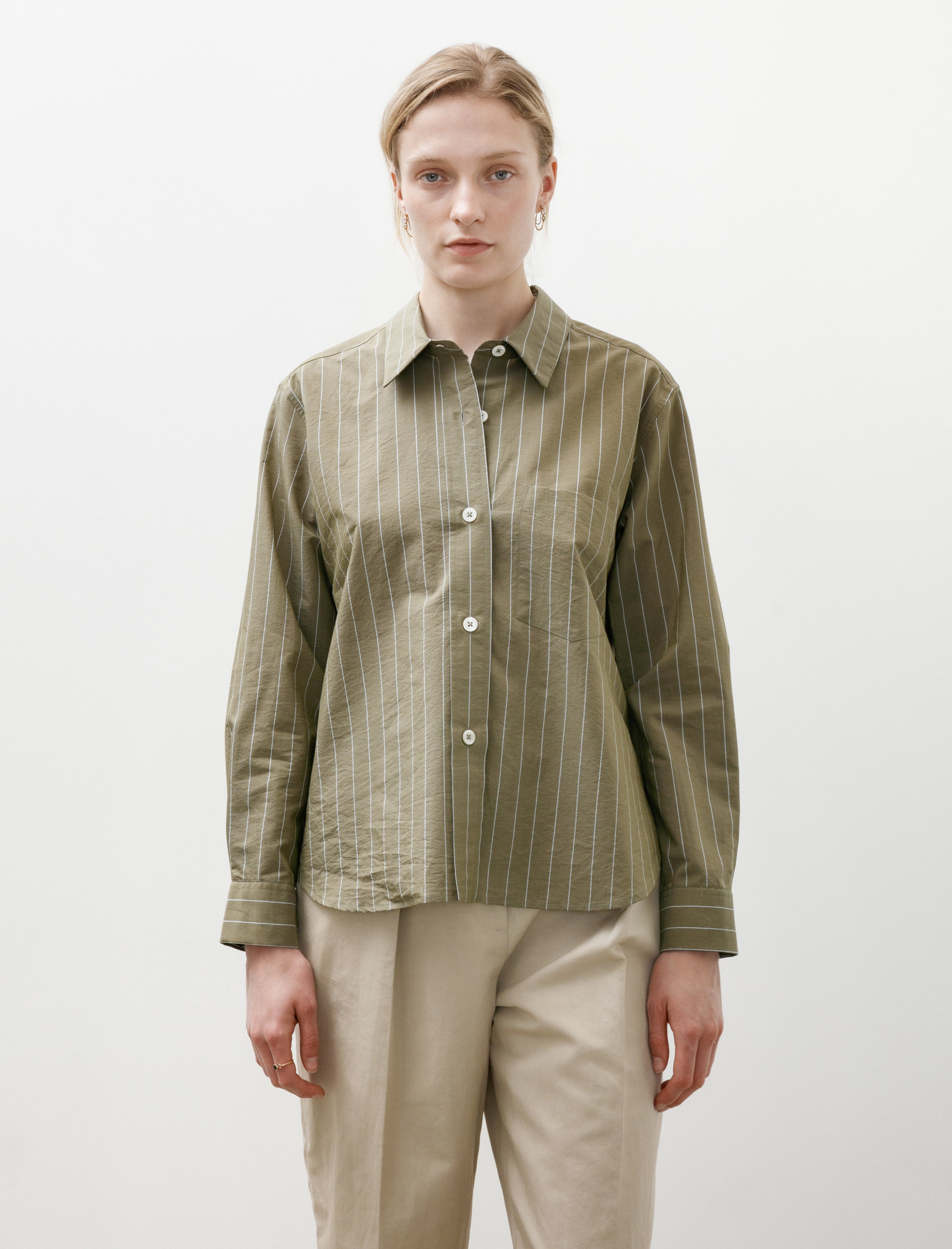 Margaret Howell Simple Shirt Striped Cotton Silk Green/Blue