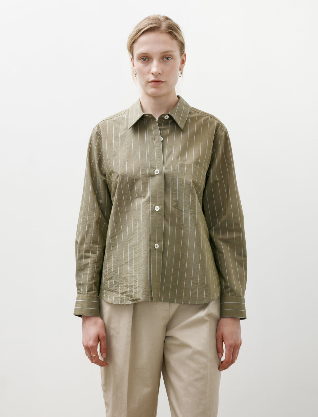 Margaret Howell Simple Shirt Striped Cotton Silk Green/Blue
