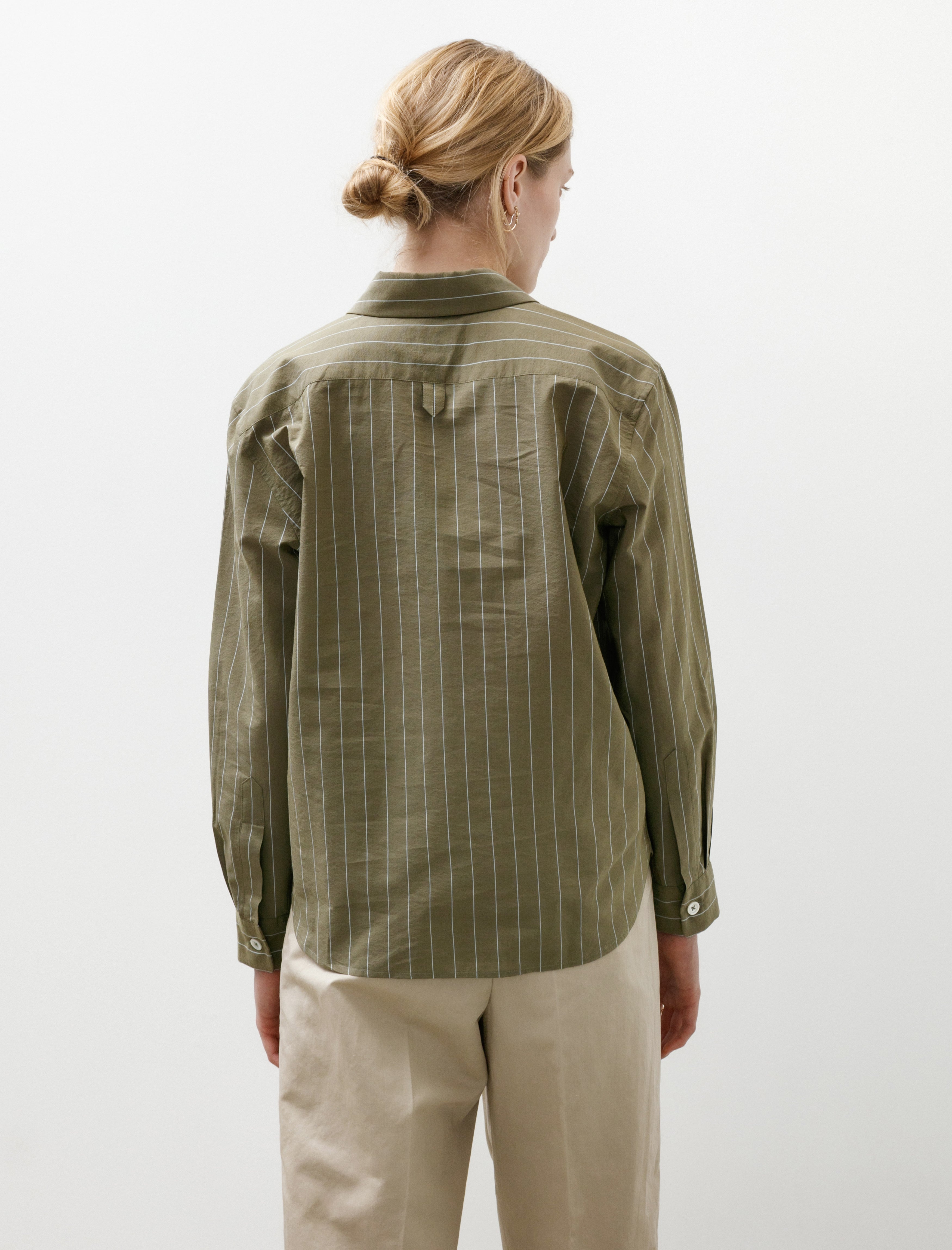Margaret Howell Simple Shirt Striped Cotton Silk Green/Blue