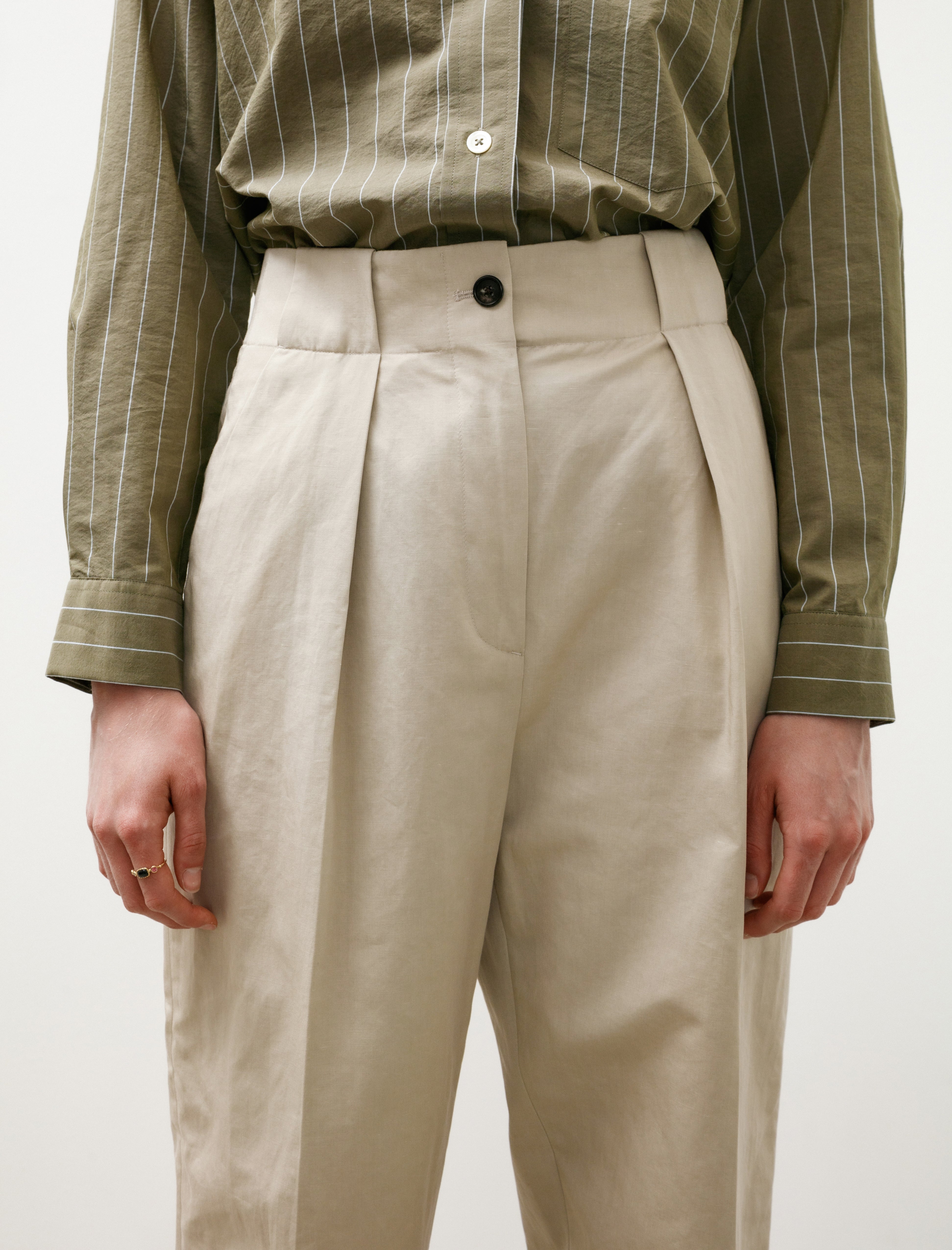 Margaret Howell Wide Belt Loop Trousers Cotton Linen Twill Stone
