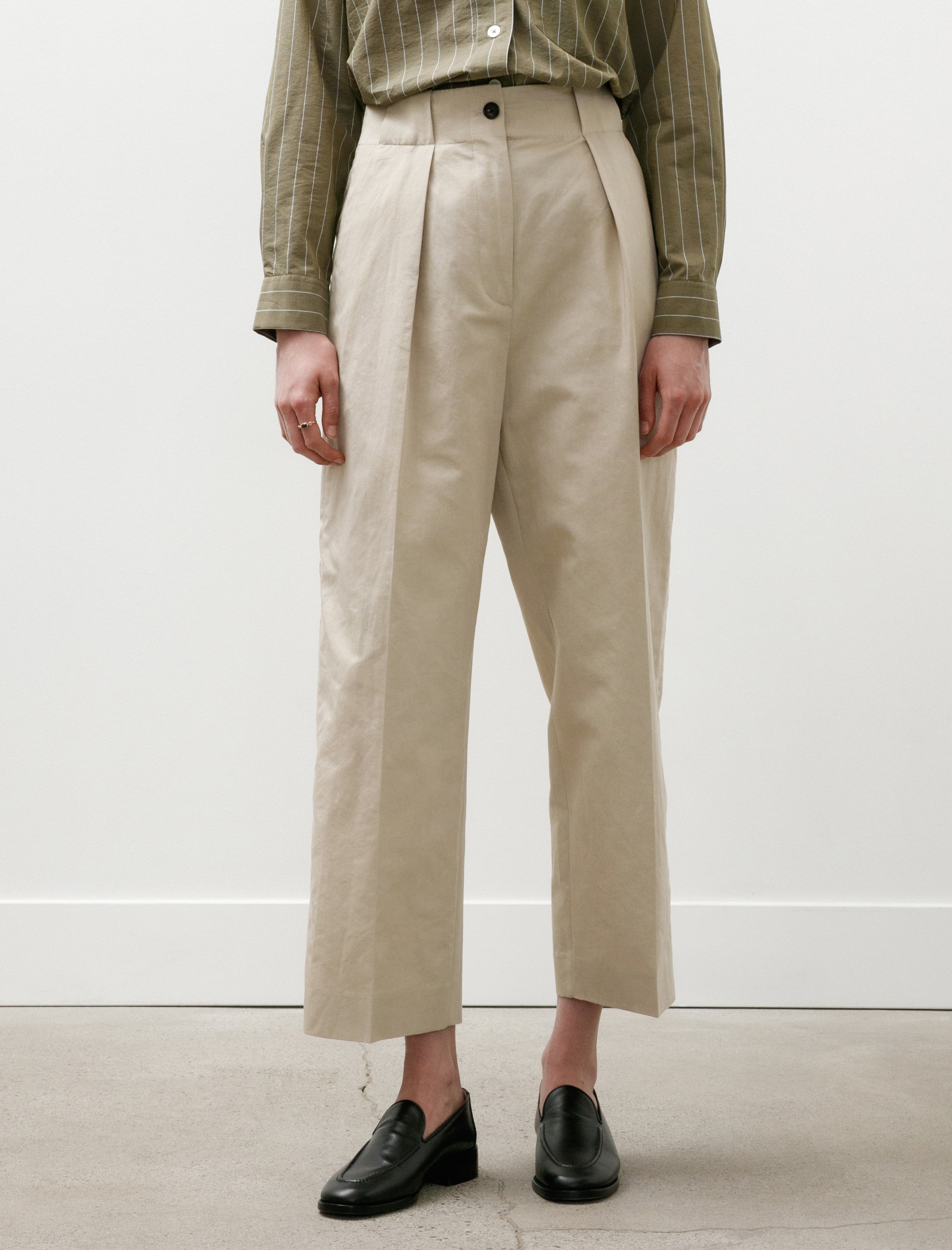Margaret Howell Wide Belt Loop Trousers Cotton Linen Twill Stone