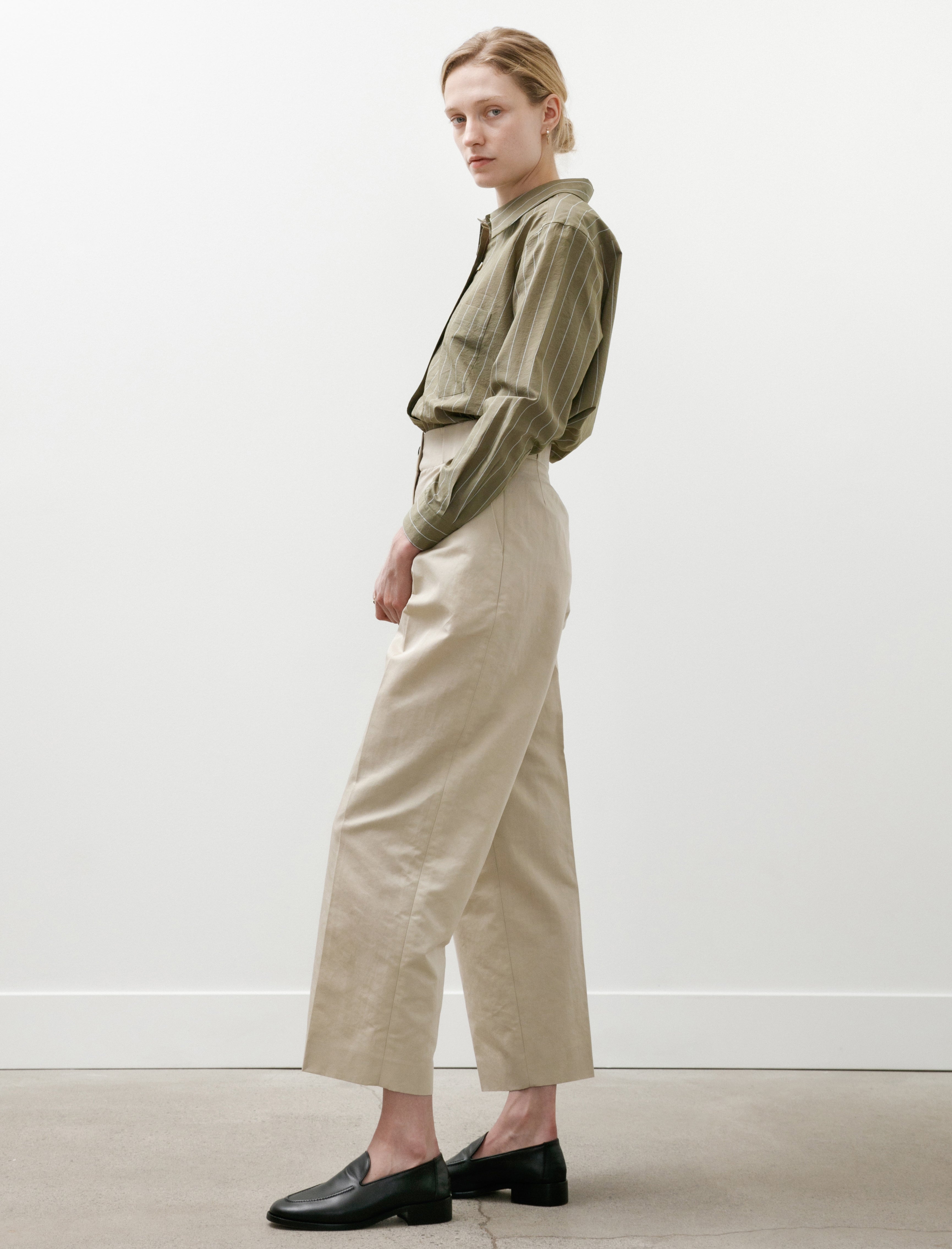 Margaret Howell Wide Belt Loop Trousers Cotton Linen Twill Stone