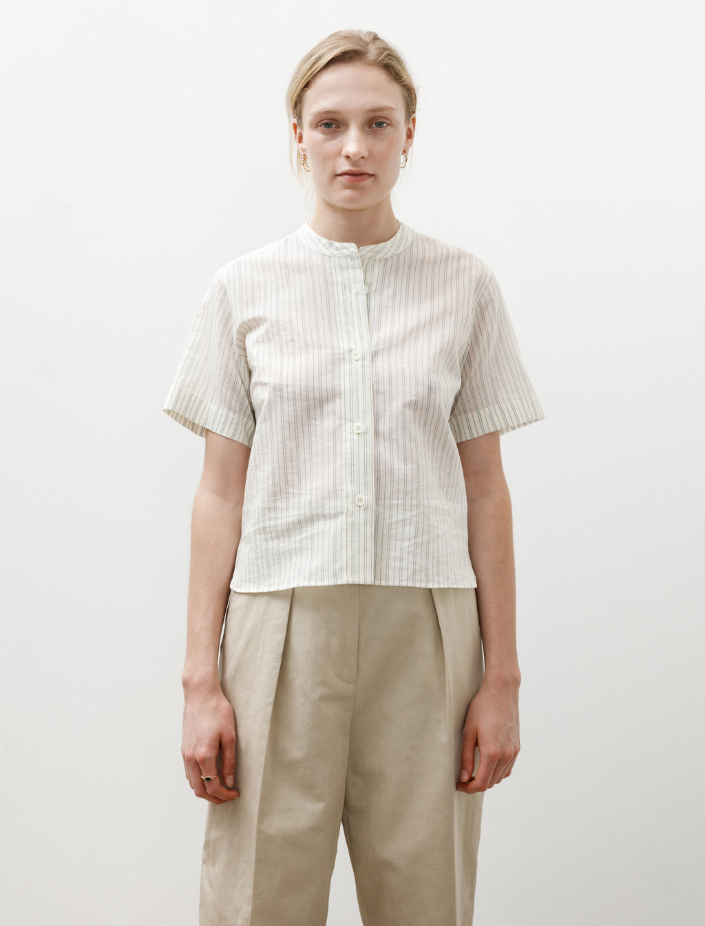 Margaret Howell Short Sleeve Collarless Shirt Cotton Silk Graphic