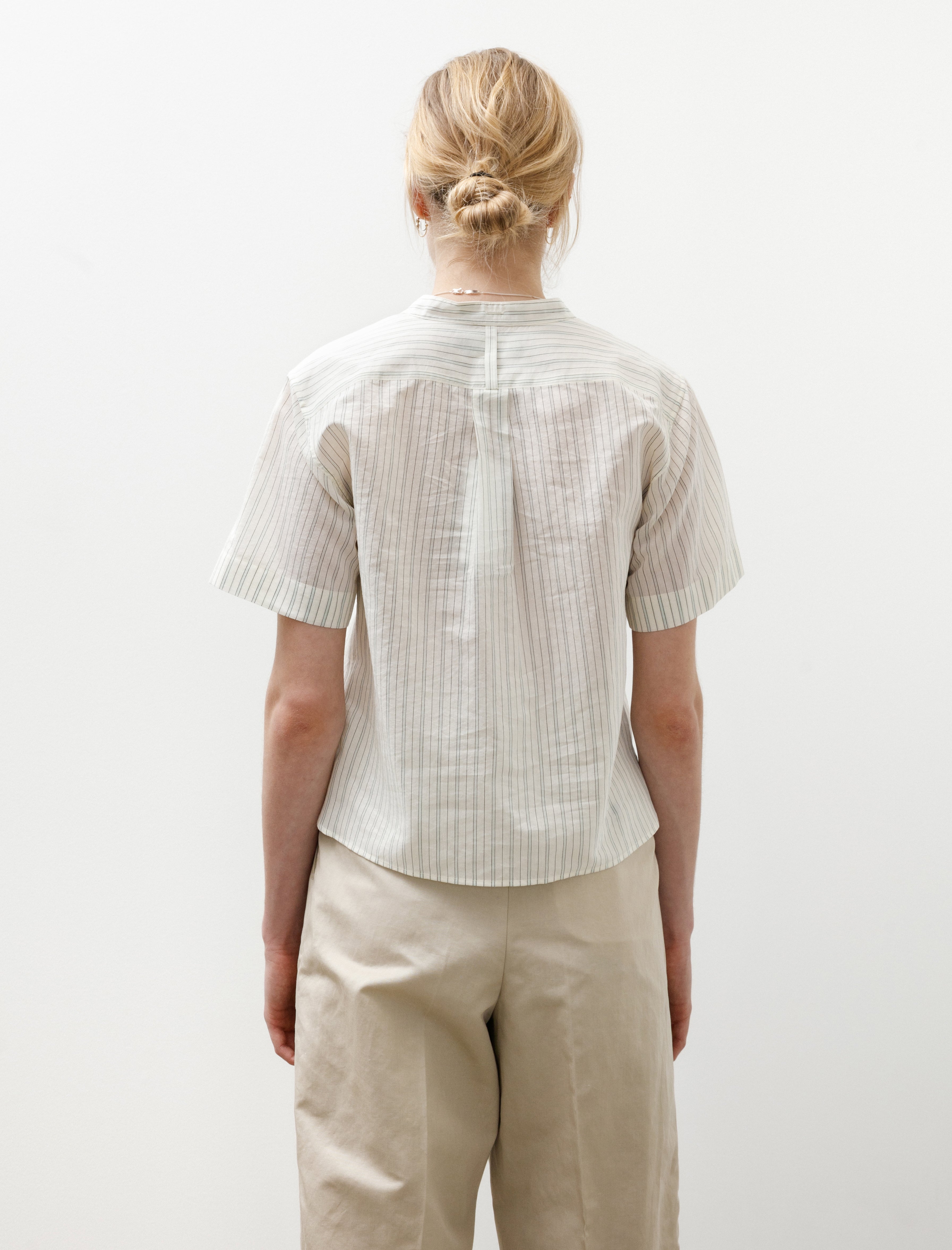 Margaret Howell Short Sleeve Collarless Shirt Cotton Silk Graphic Stripe