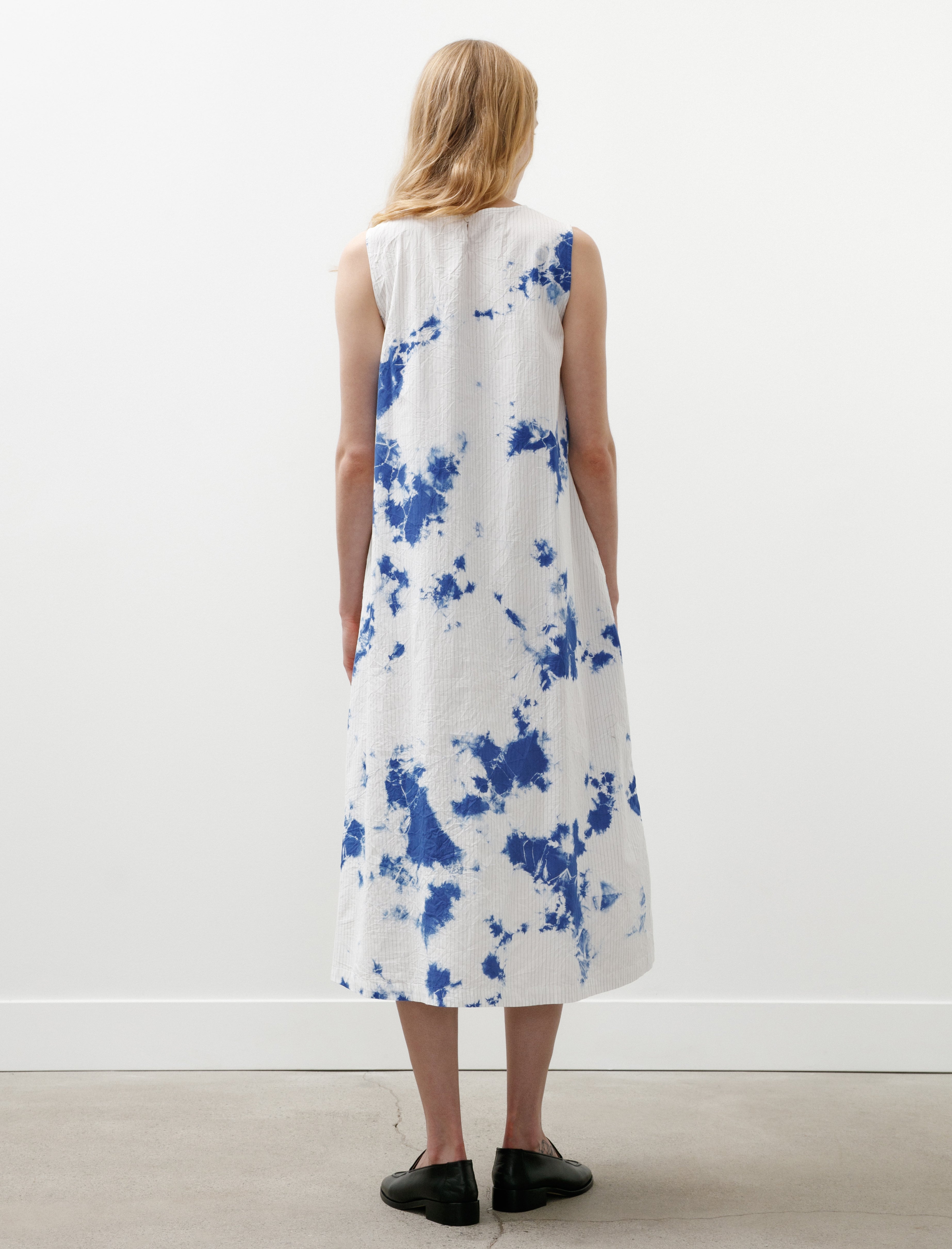 Suzusan Cotton Pinstripe Sleeveless Dress Madara Shibori Blue/White