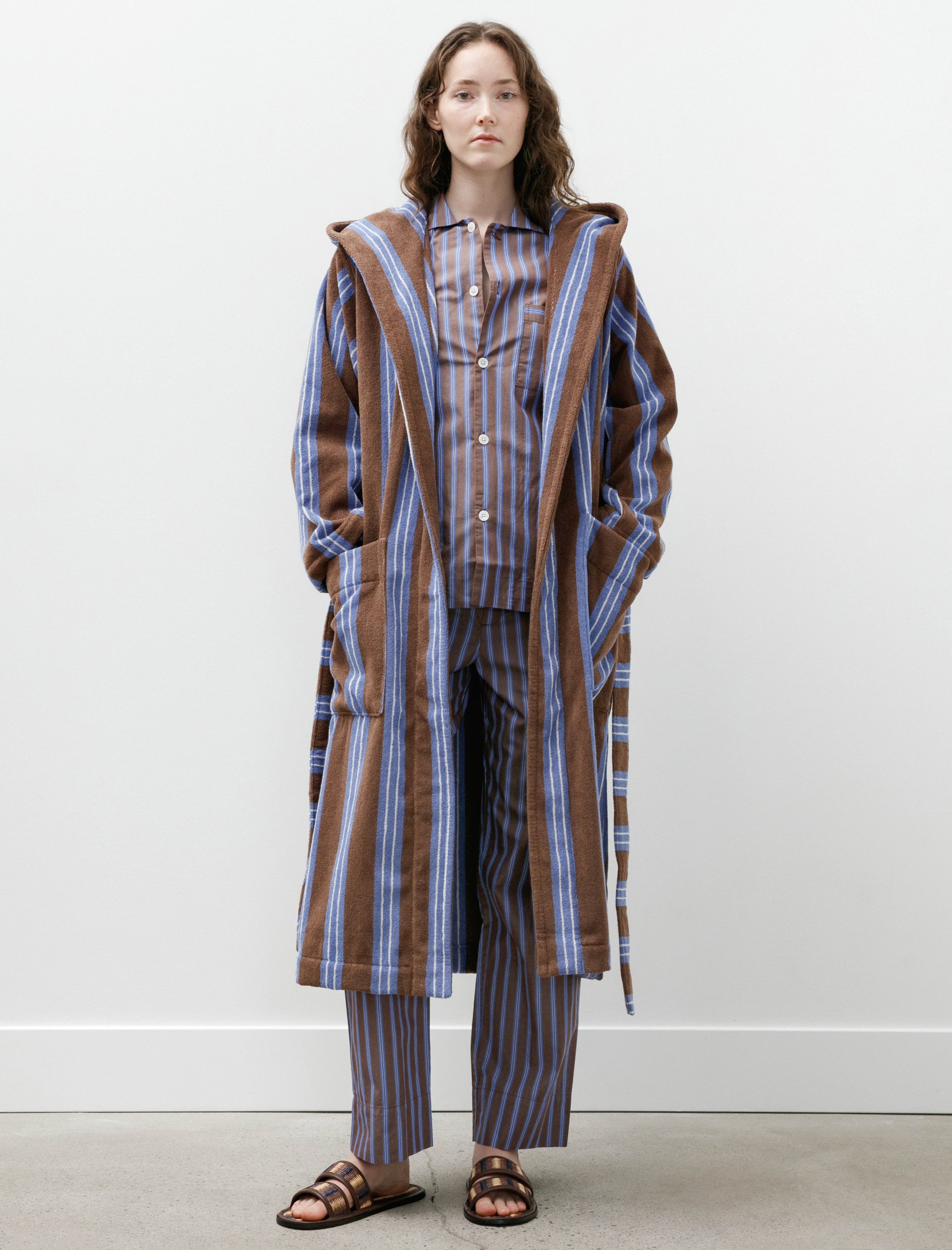 Tekla Hooded Bathrobe Chestnut Stripes