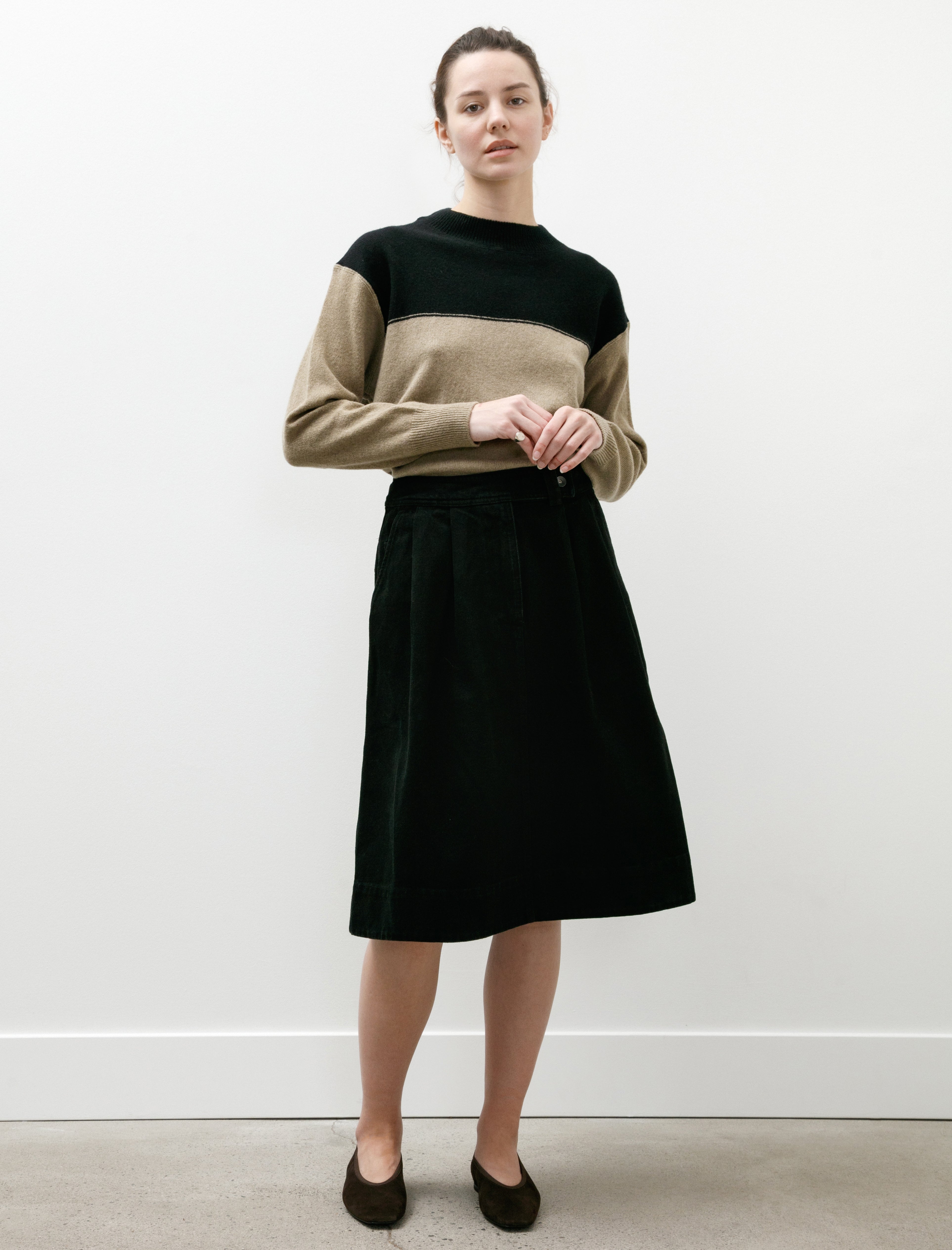 Margaret Howell MHL Double Pleat Skirt Cotton Denim Black