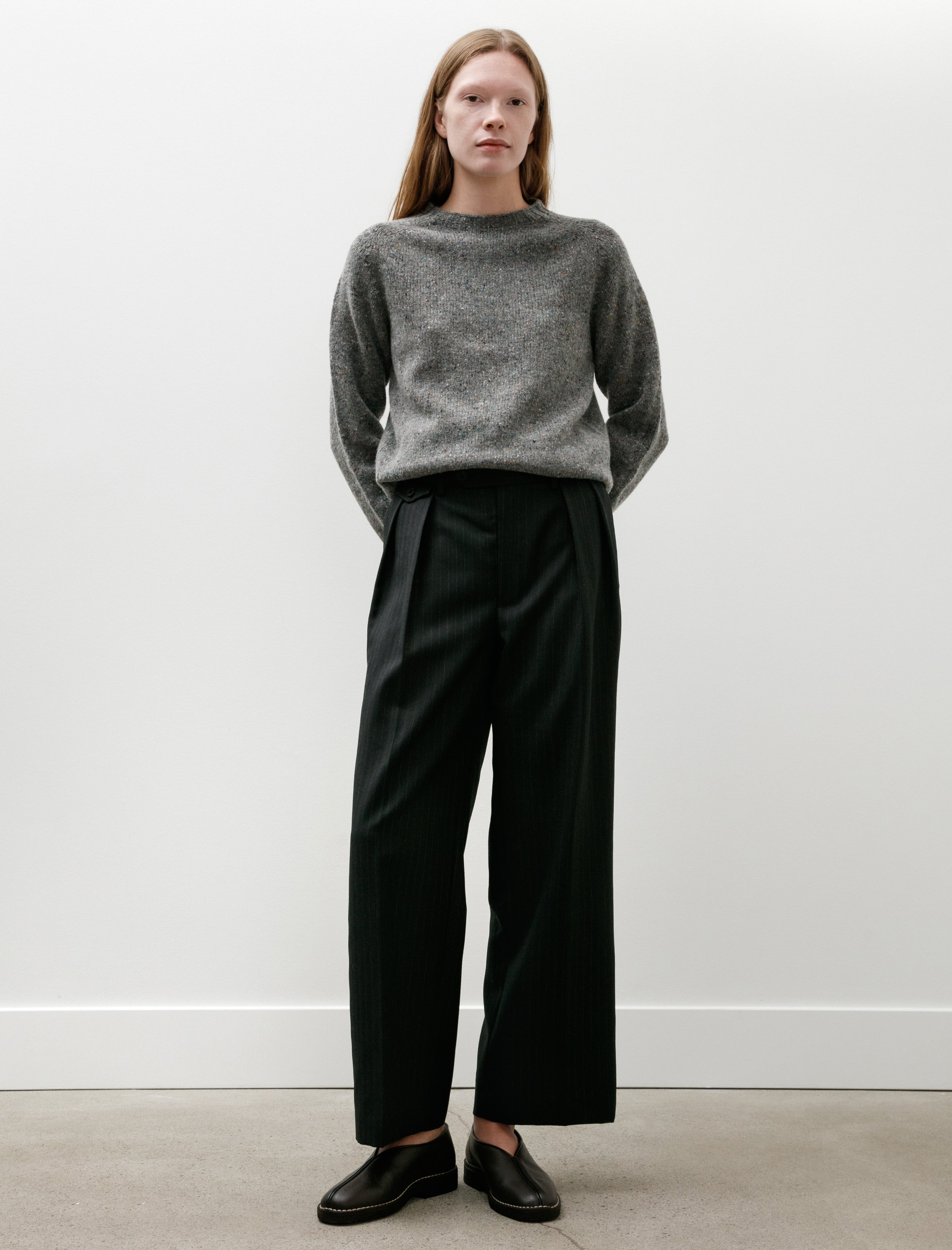 Auralee Bluefaced Wool Two-Tuck Slacks Charcoal Navy Stripe