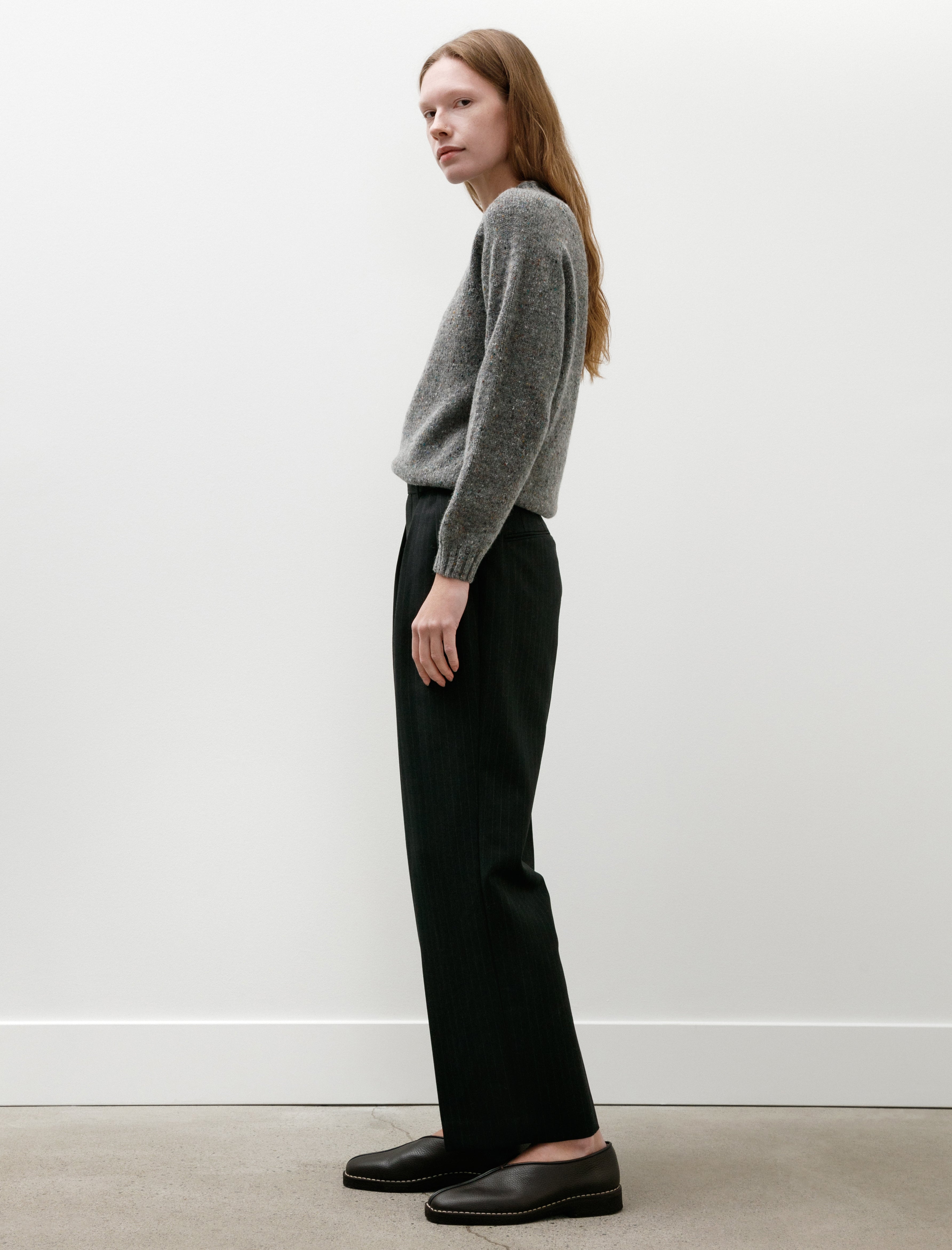 Auralee Bluefaced Wool Two-Tuck Slacks Charcoal Navy Stripe