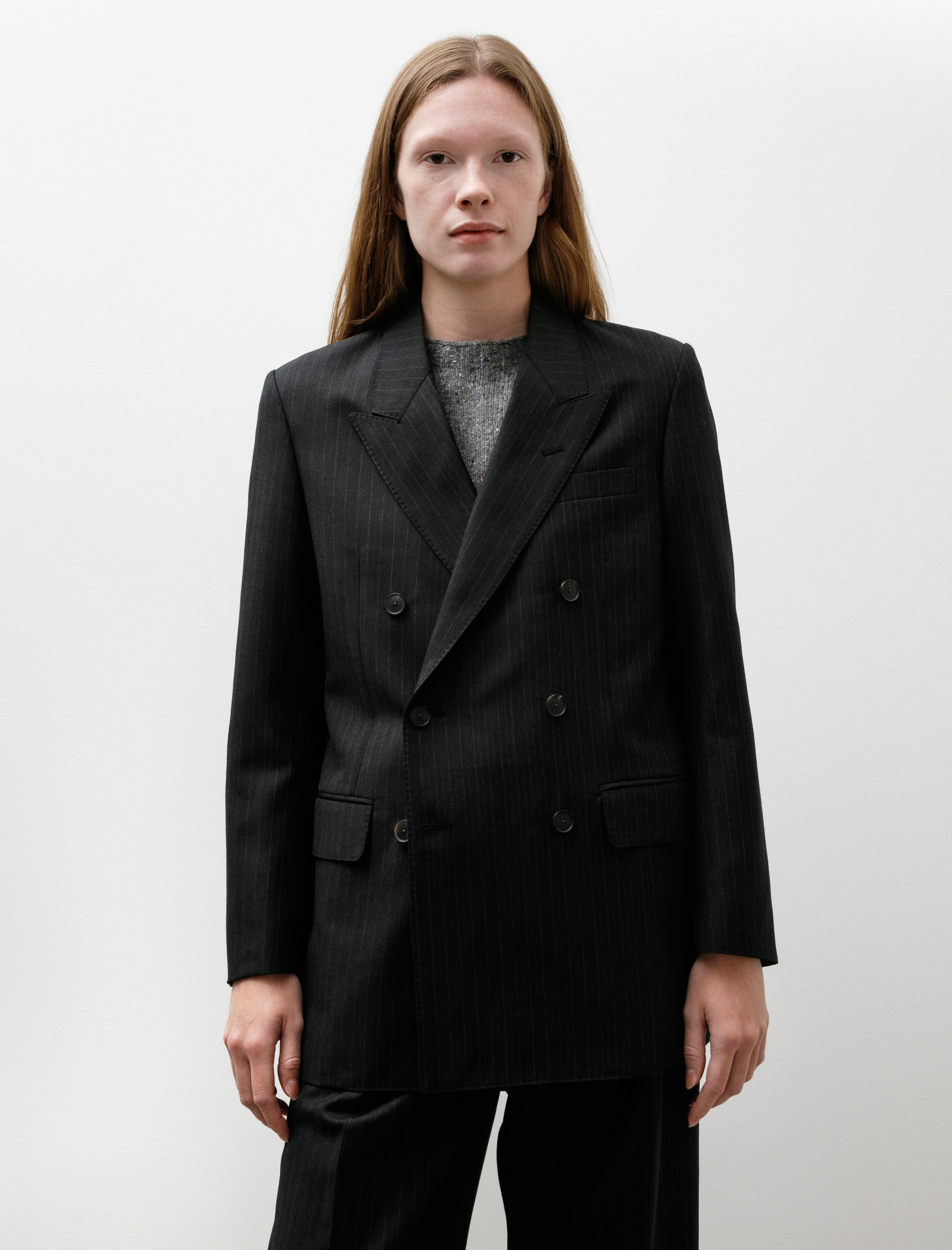 Auralee Bluefaced Wool Double-Breasted Jacket Charcoal Navy Striped