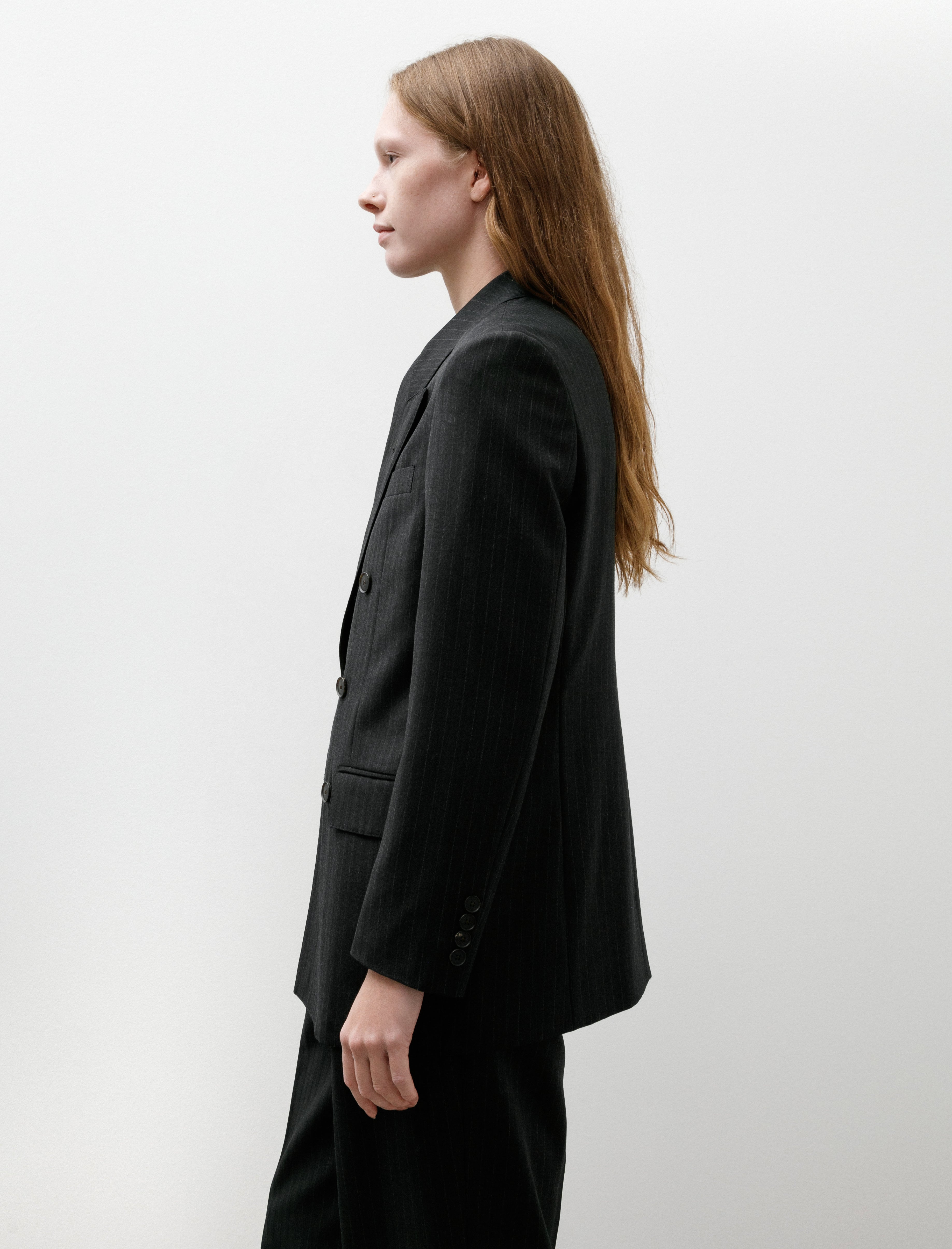 Auralee Bluefaced Wool Double-Breasted Jacket Charcoal Navy Striped