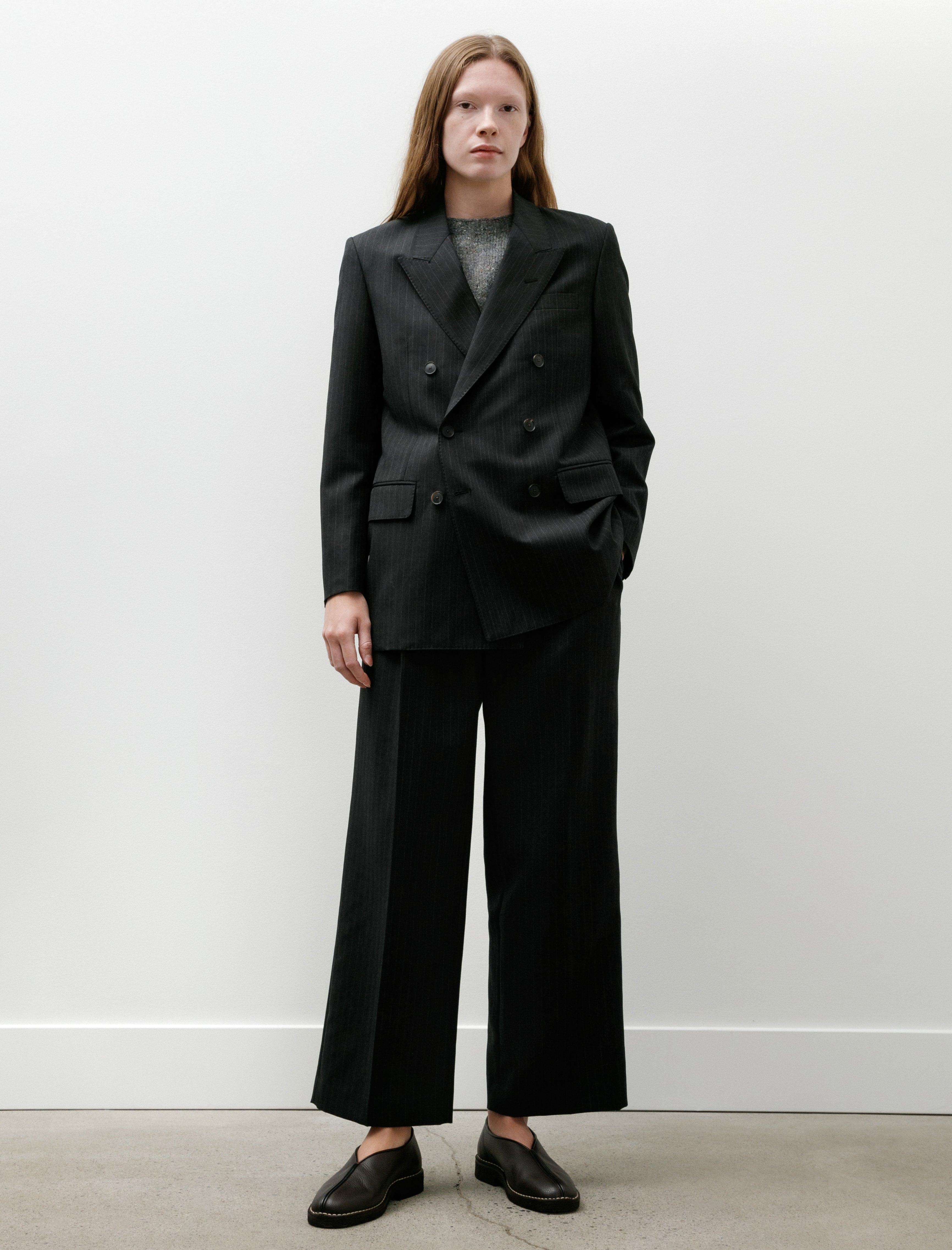 Auralee Bluefaced Wool Two-Tuck Slacks Charcoal Navy Stripe