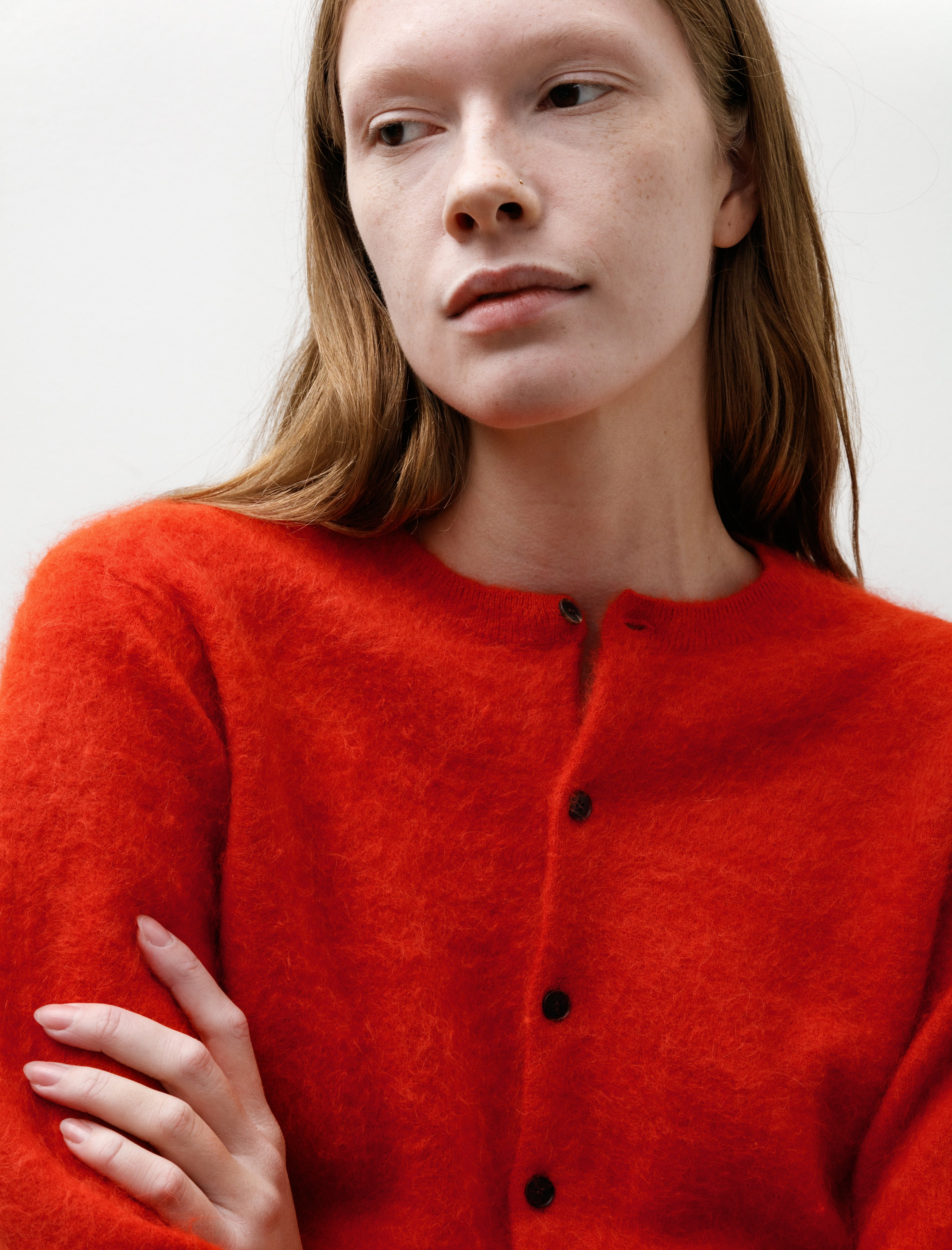 Auralee Garment-Dyed Baby Alpaca Fuzzy Knit Cardigan Red