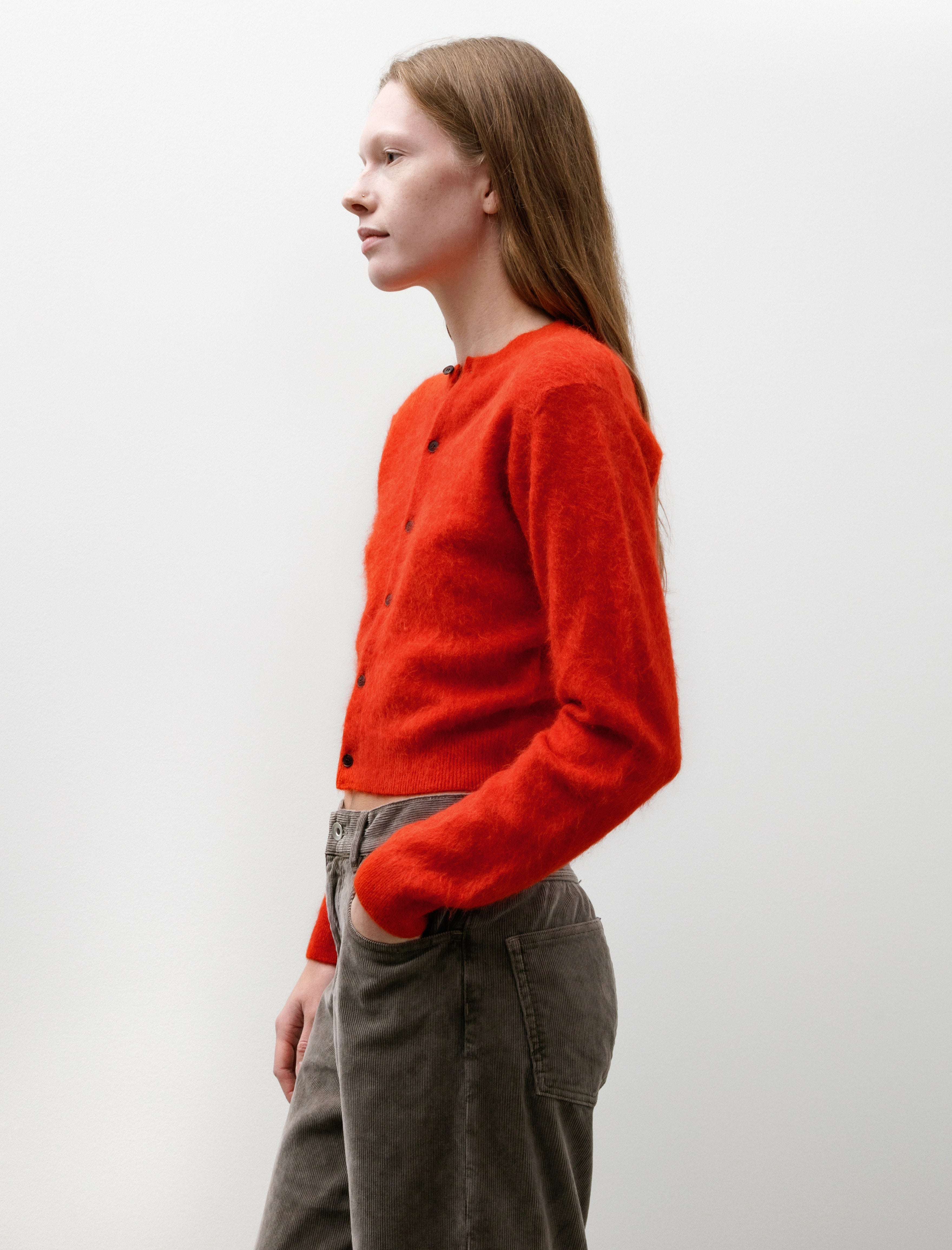 Auralee Garment-Dyed Baby Alpaca Fuzzy Knit Cardigan Red