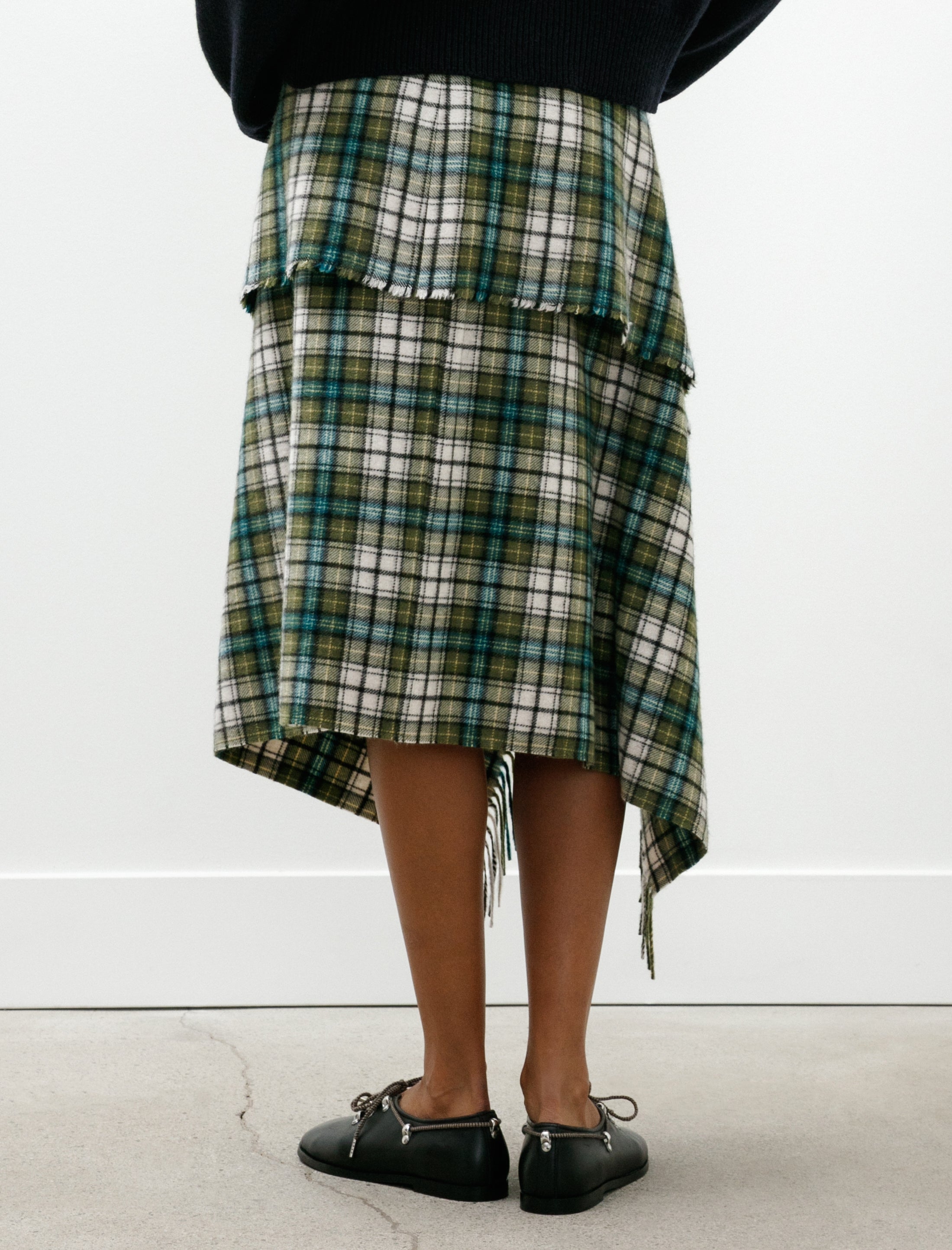 Auralee Cashmere Check Wrap Skirt Moss Green