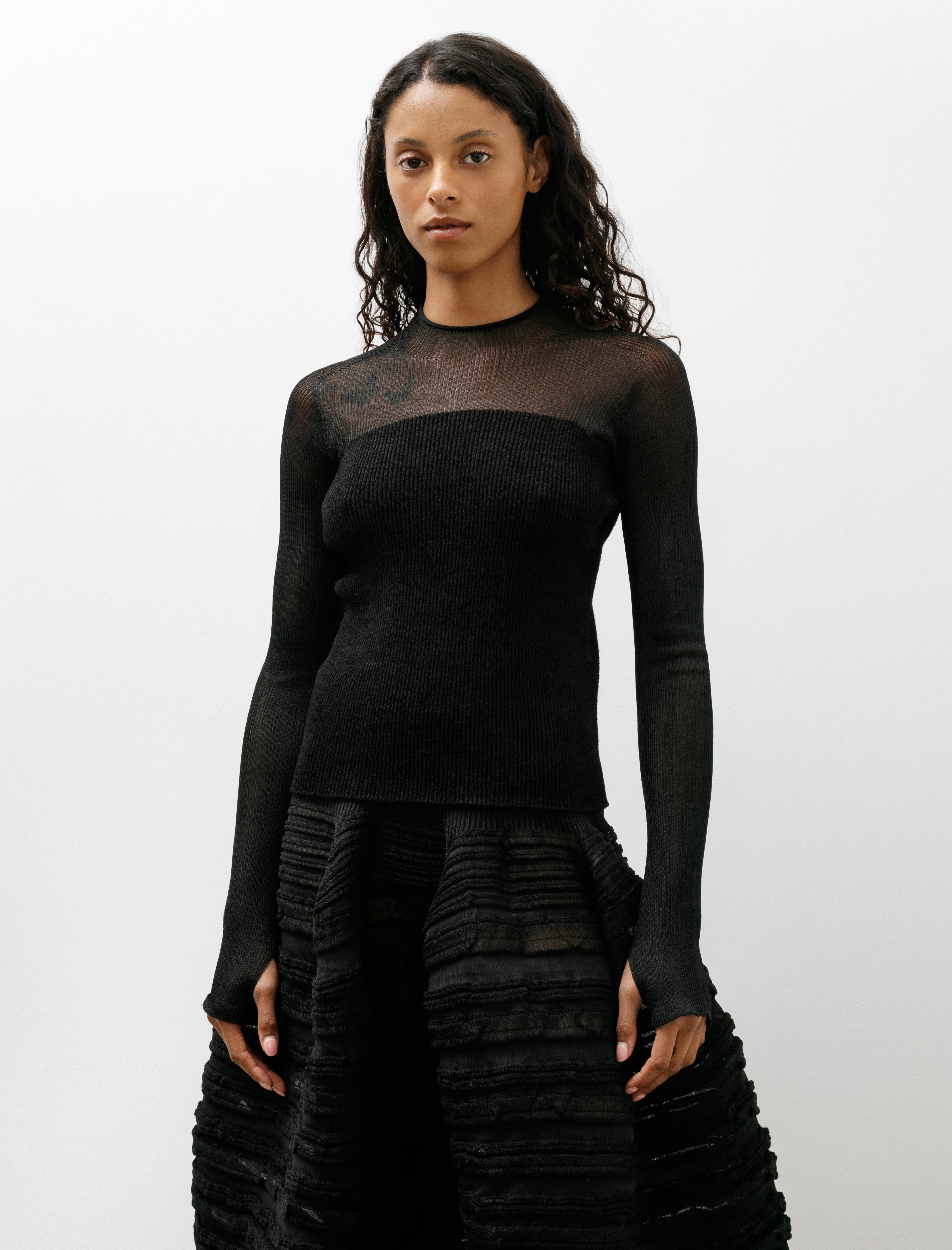 CFCL Portrait Lucent Velvet Decolletage Long Sleeve Top Black