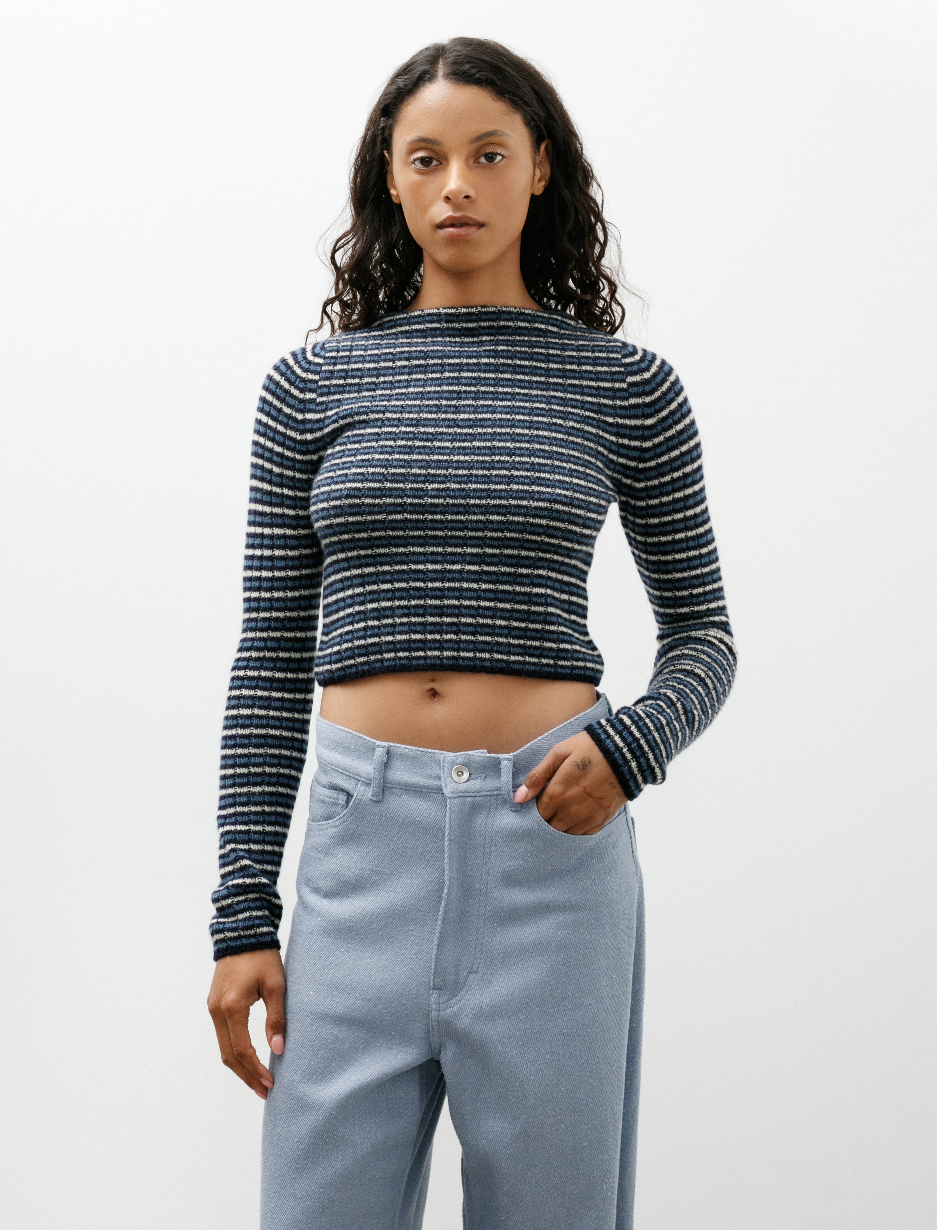 Auralee Shetland Wool Cashmere Rib Knit Boat Neck Navy Stripe