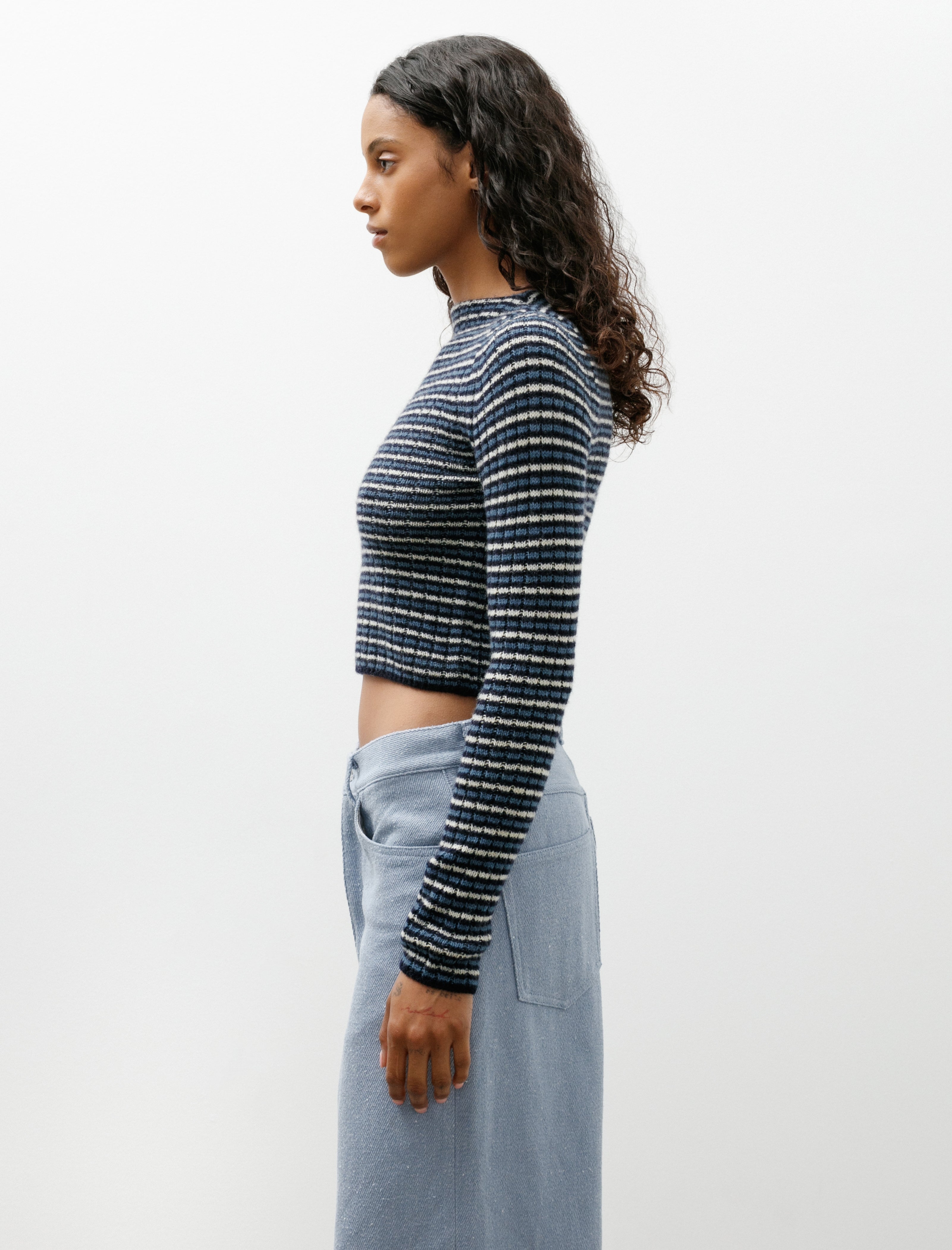 Auralee Shetland Wool Cashmere Rib Knit Boat Neck Navy Stripe