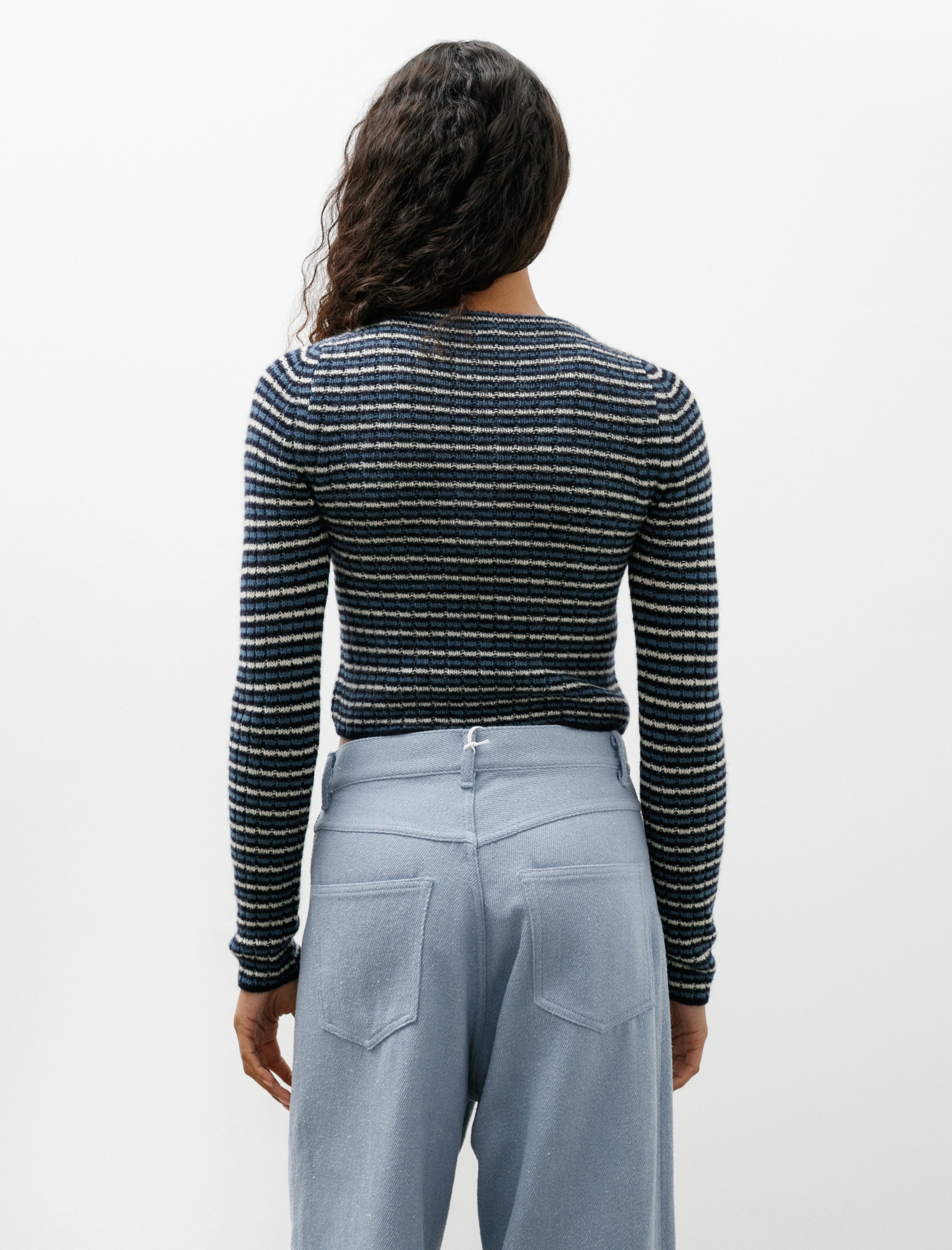 Auralee Shetland Wool Cashmere Rib Knit Boat Neck Navy Stripe