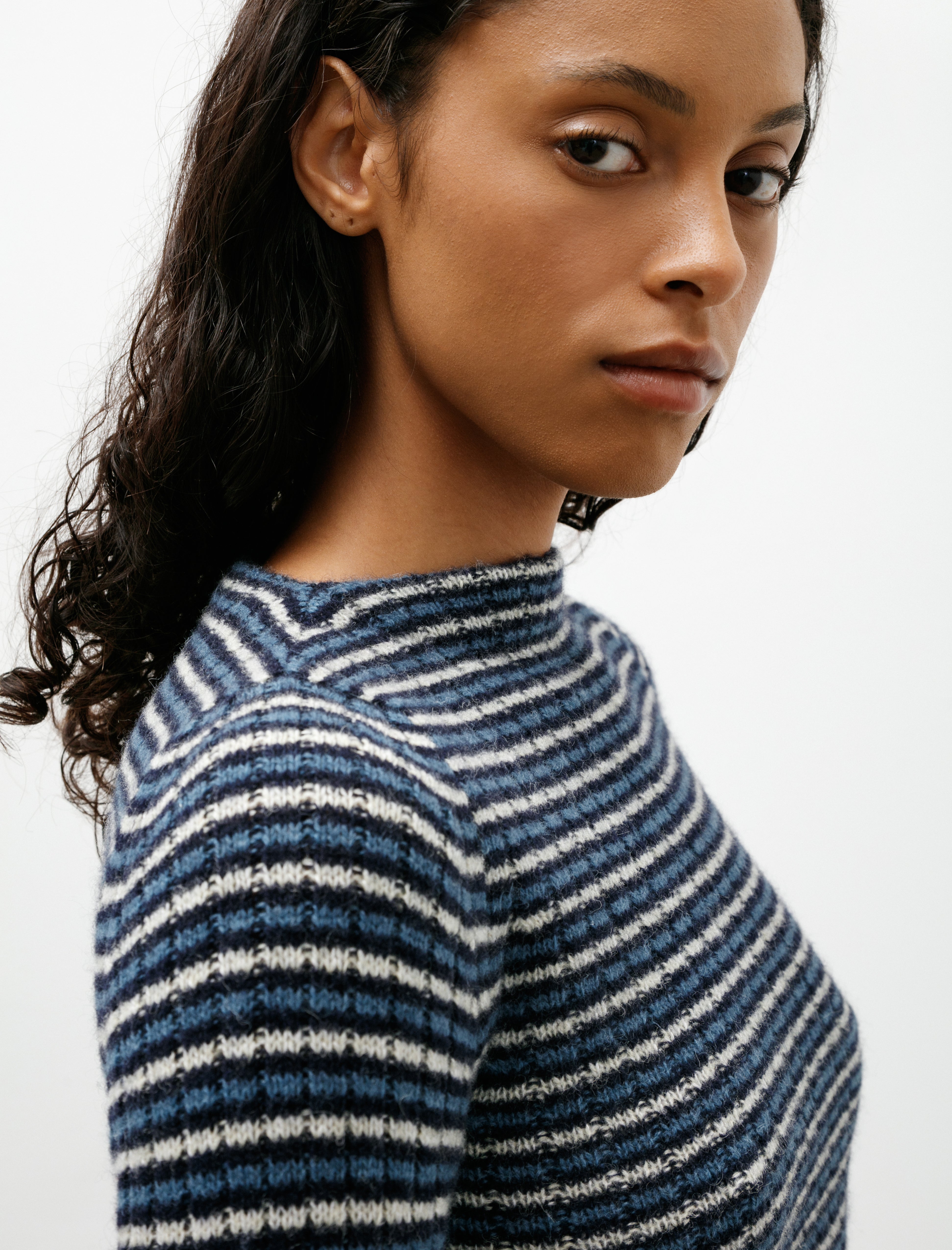 Auralee Shetland Wool Cashmere Rib Knit Boat Neck Navy Stripe