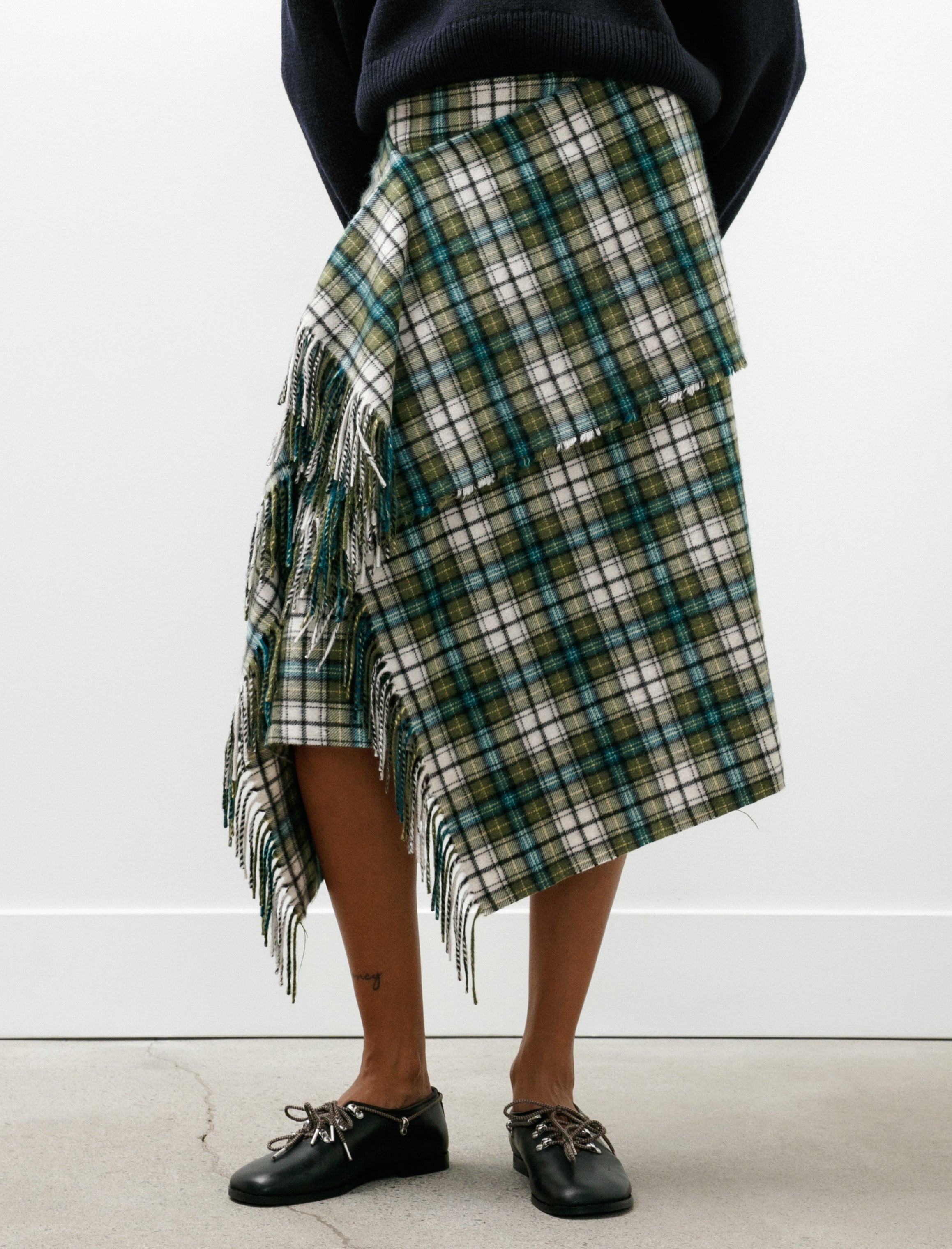 Auralee Cashmere Check Wrap Skirt Moss Green