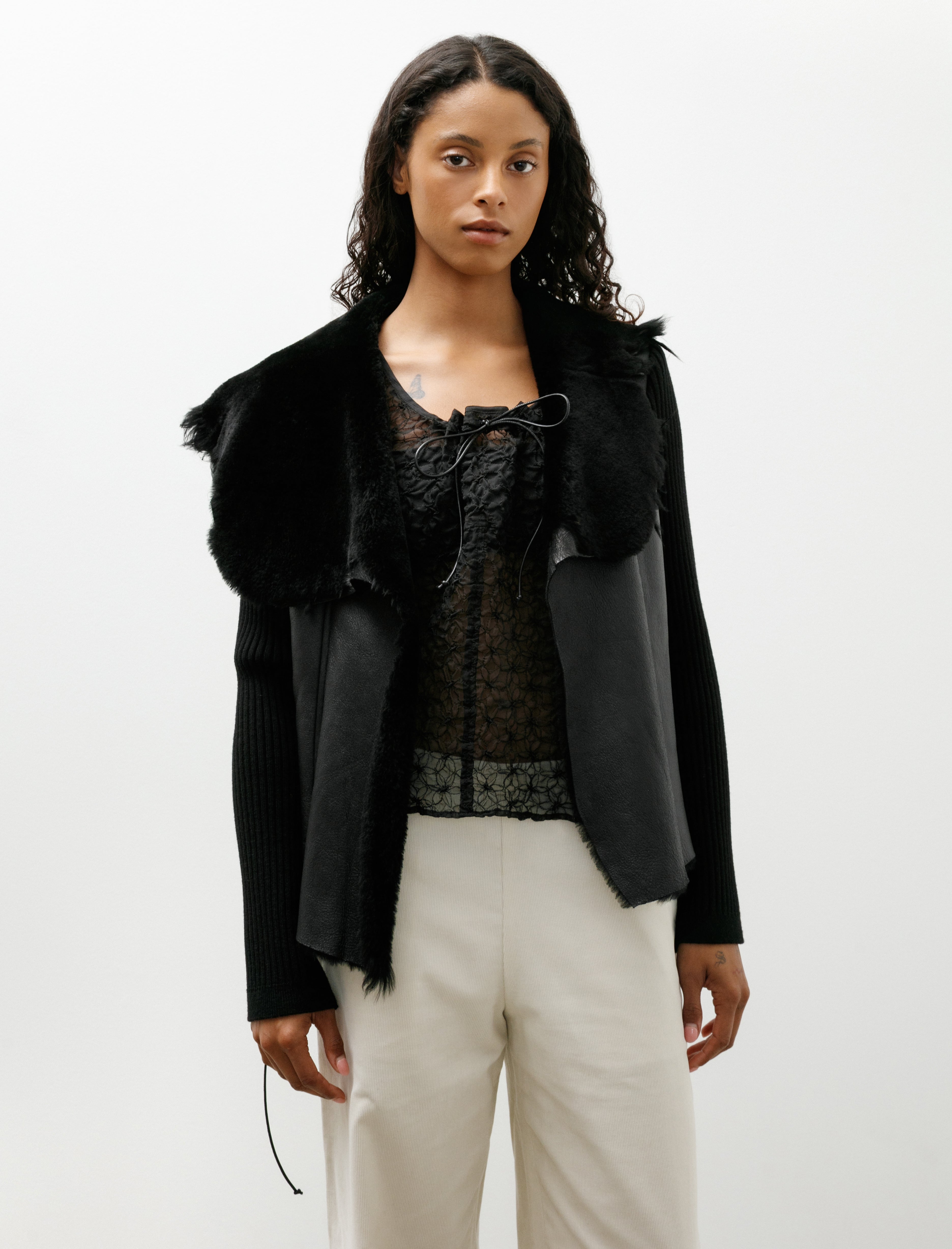 Wanze Wrap Cardigan Shearling Leather Black