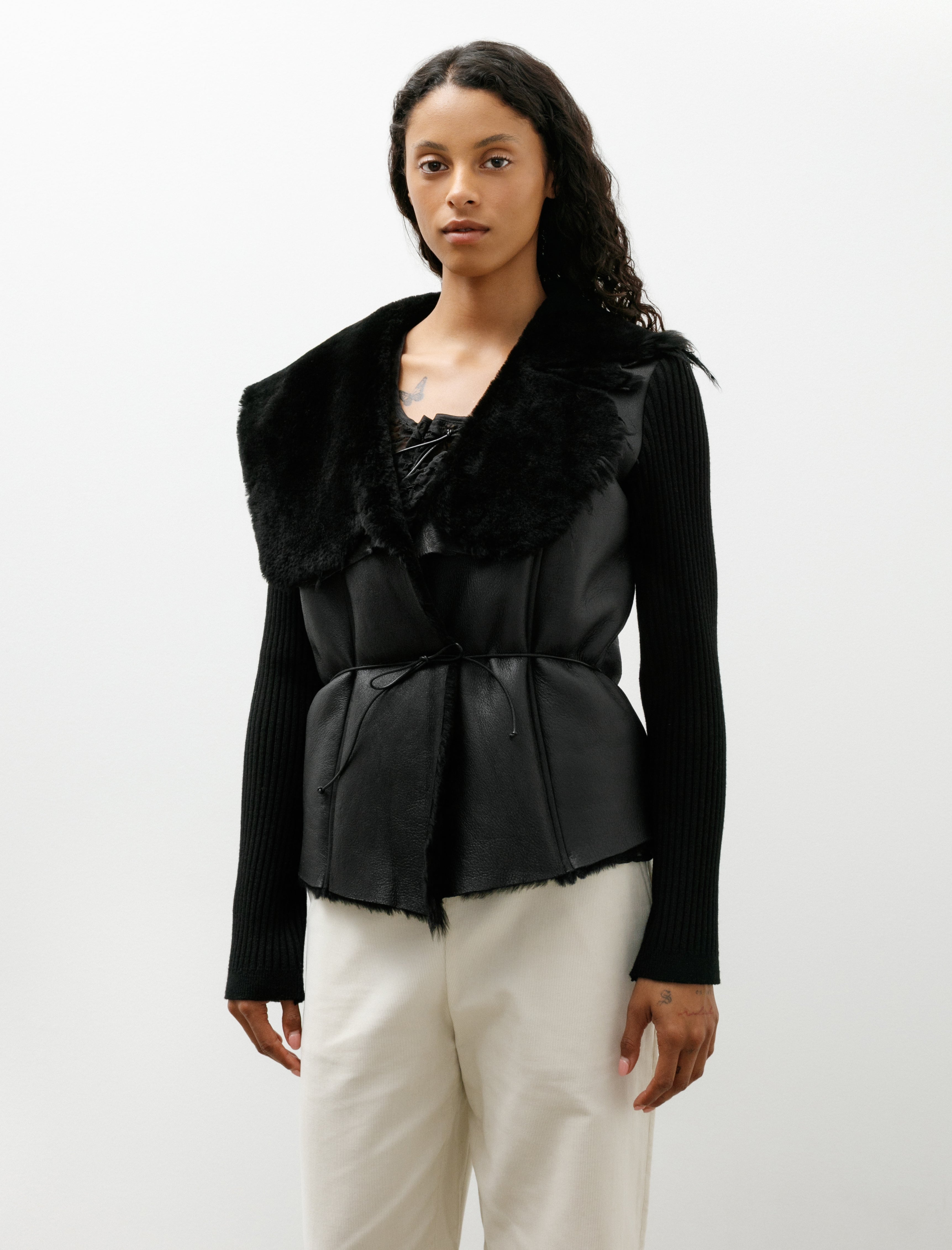 Wanze Wrap Cardigan Shearling Leather Black
