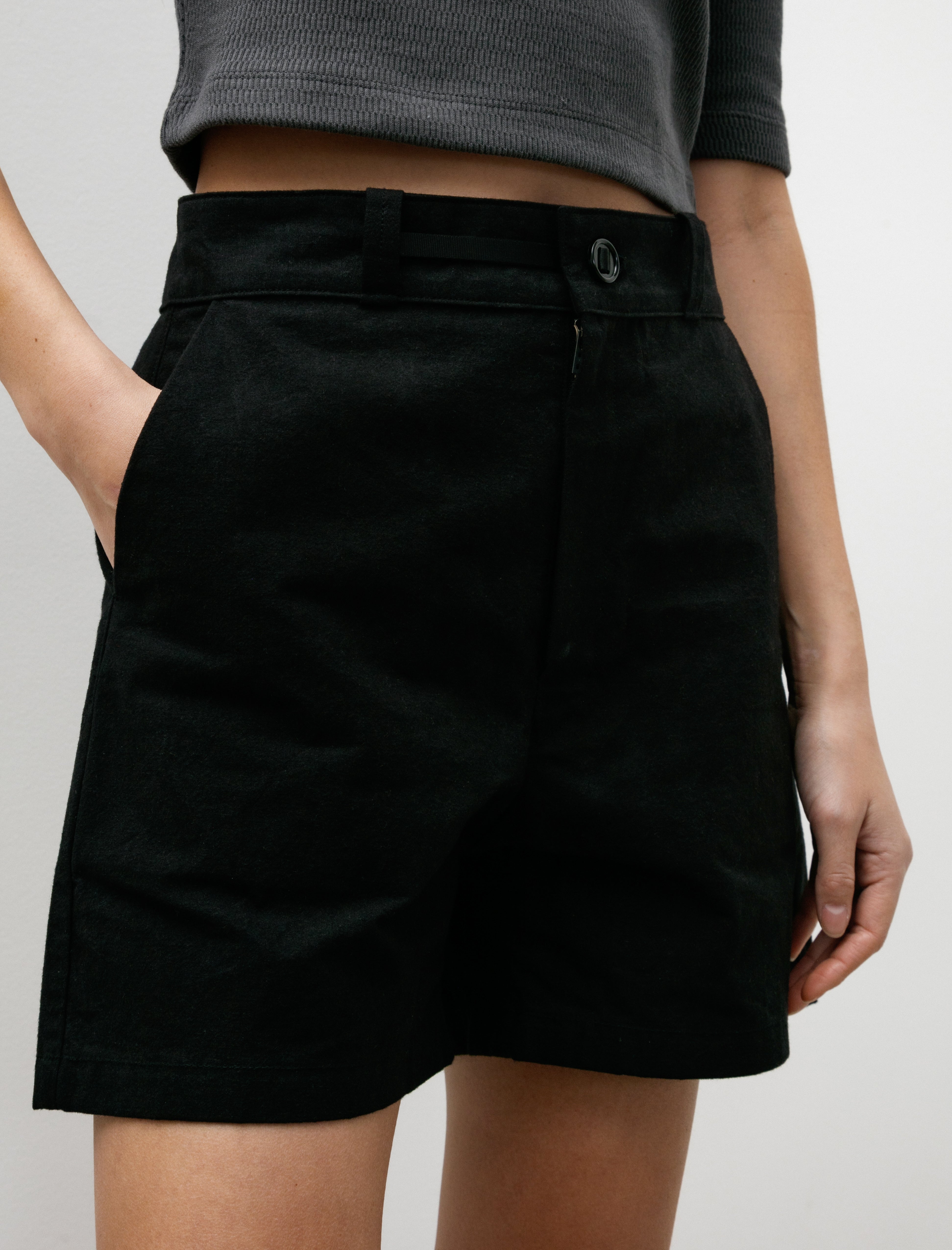 MAN-TLE W-R18 Pants-5 High Wide Shorts Black Wax