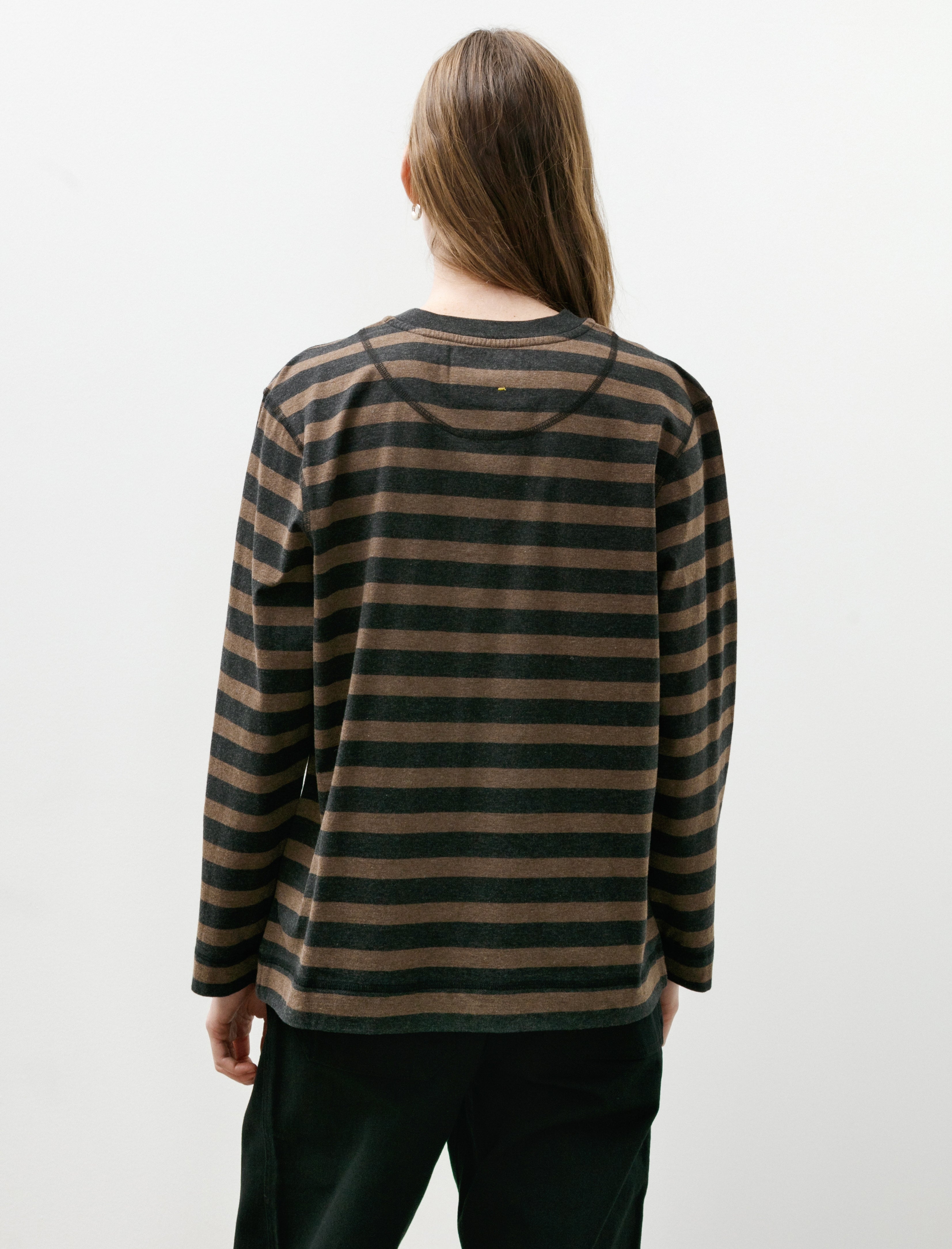 MHL Crew Neck Matelot Light Cotton Melange Stripe Off Black Bark
