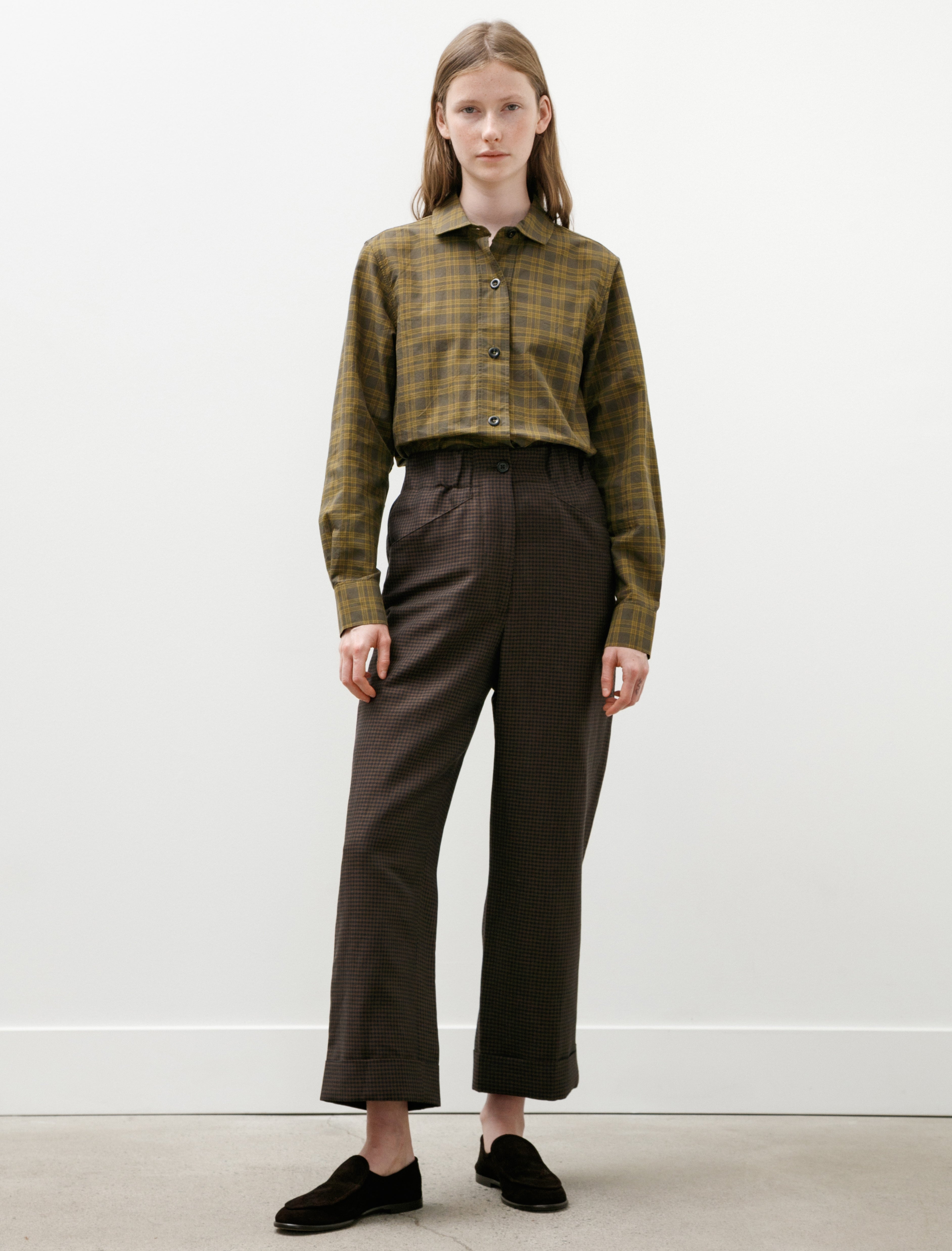 Margaret Howell Relaxed Crop Linen Wool Gingham Navy Warm Brown
