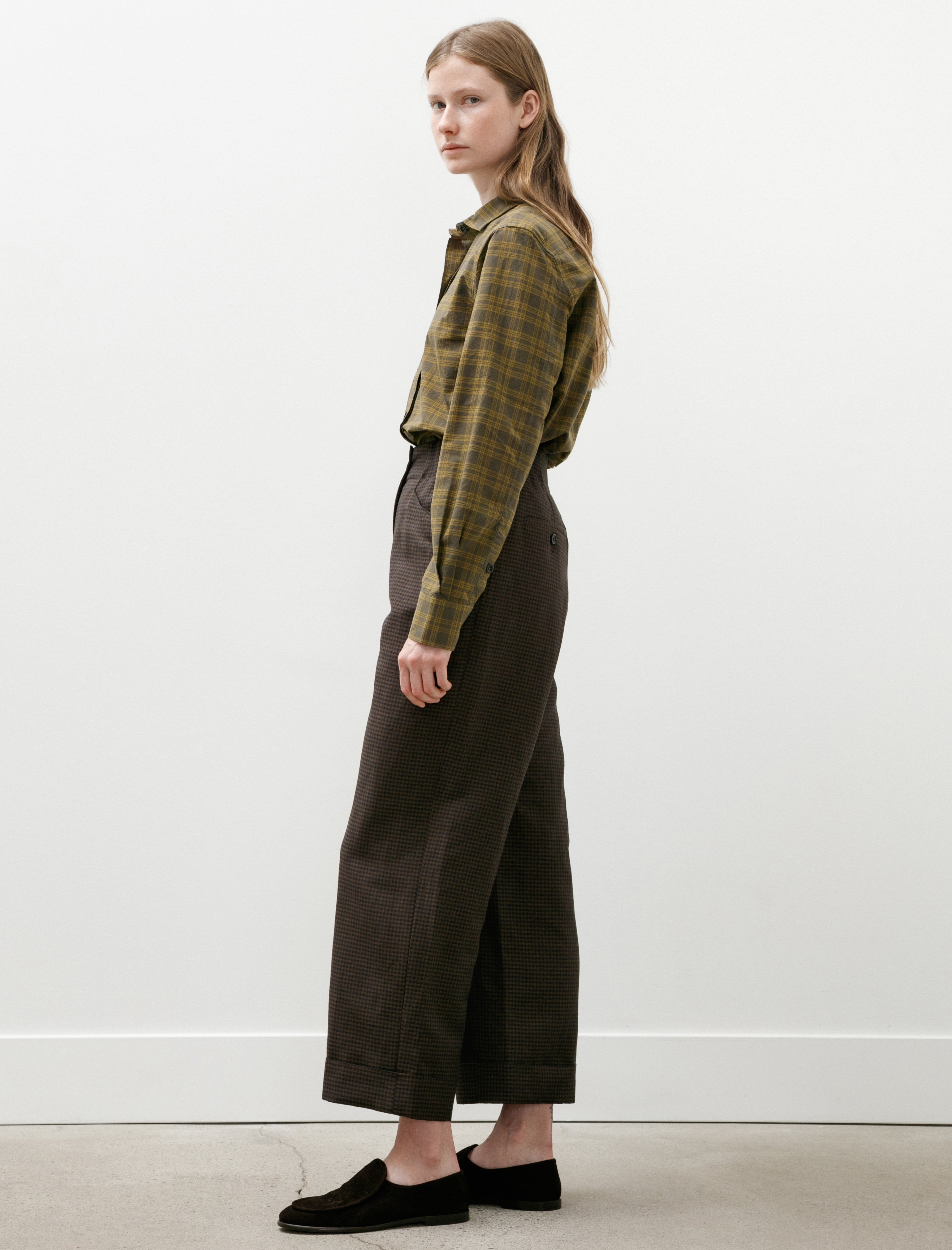 Margaret Howell Relaxed Crop Linen Wool Gingham Navy Warm Brown