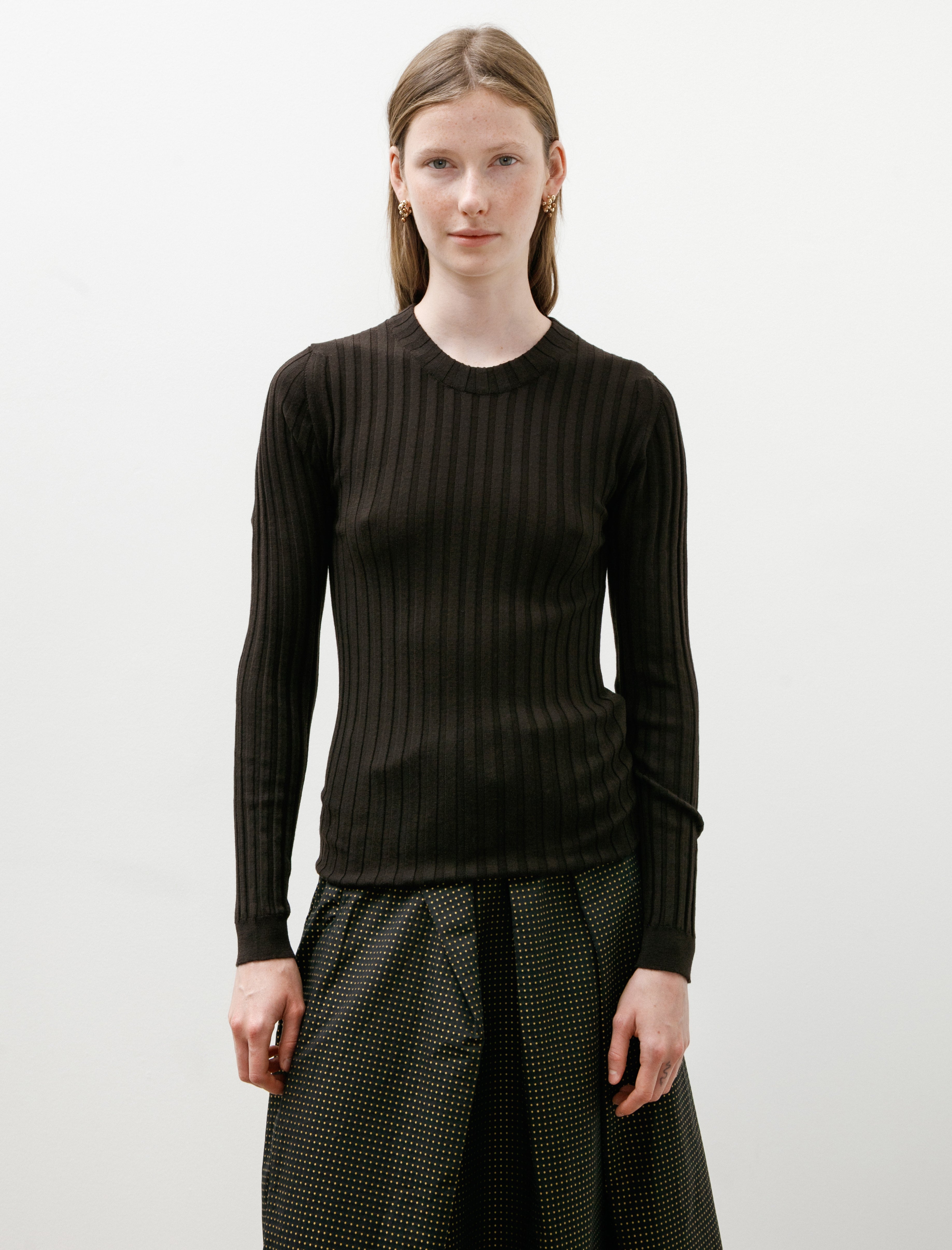 Margaret Howell Ribbed Long Sleeve Crew Neck Fine Merino Dark Brown