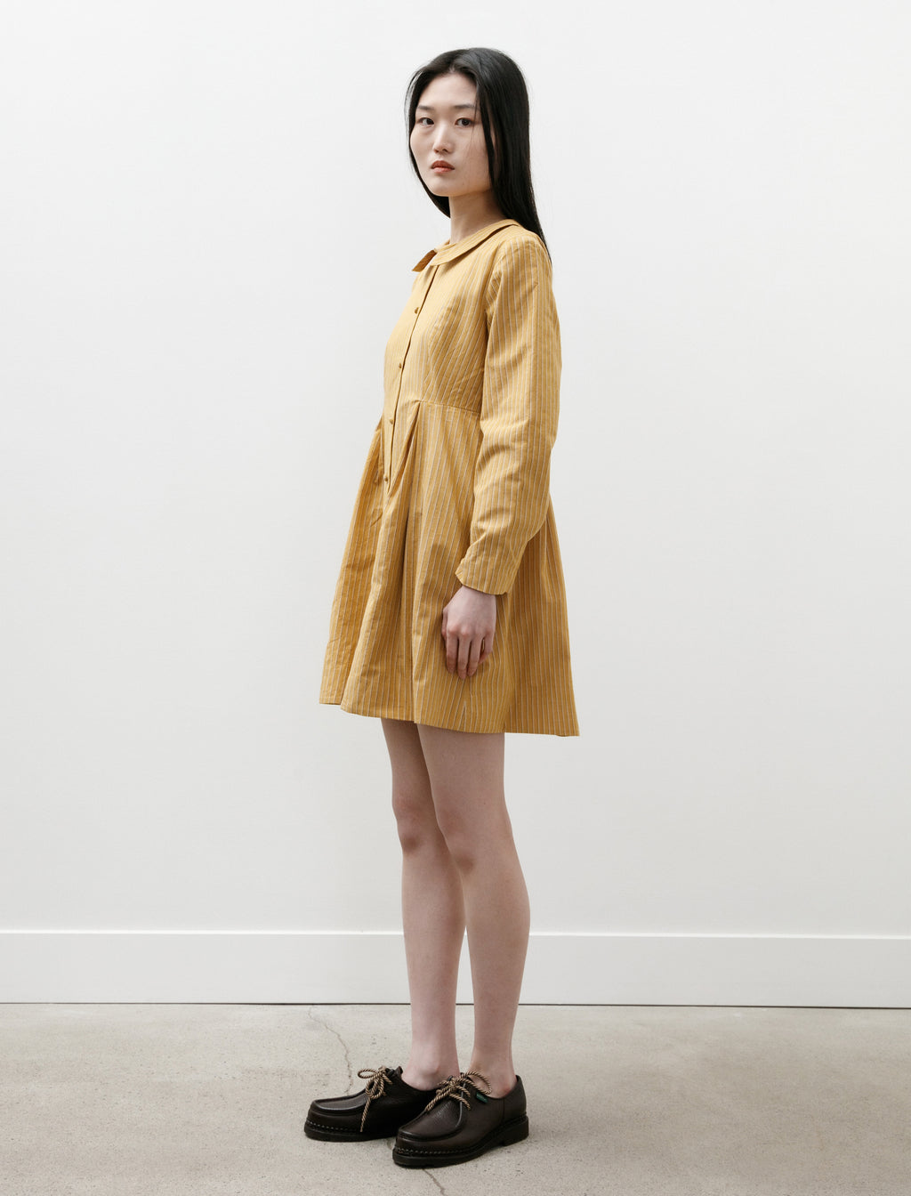 mustard yellow collared dress Cawley Bella Dress Japanese Striped Cotton Mustard Stripe – Neighbour