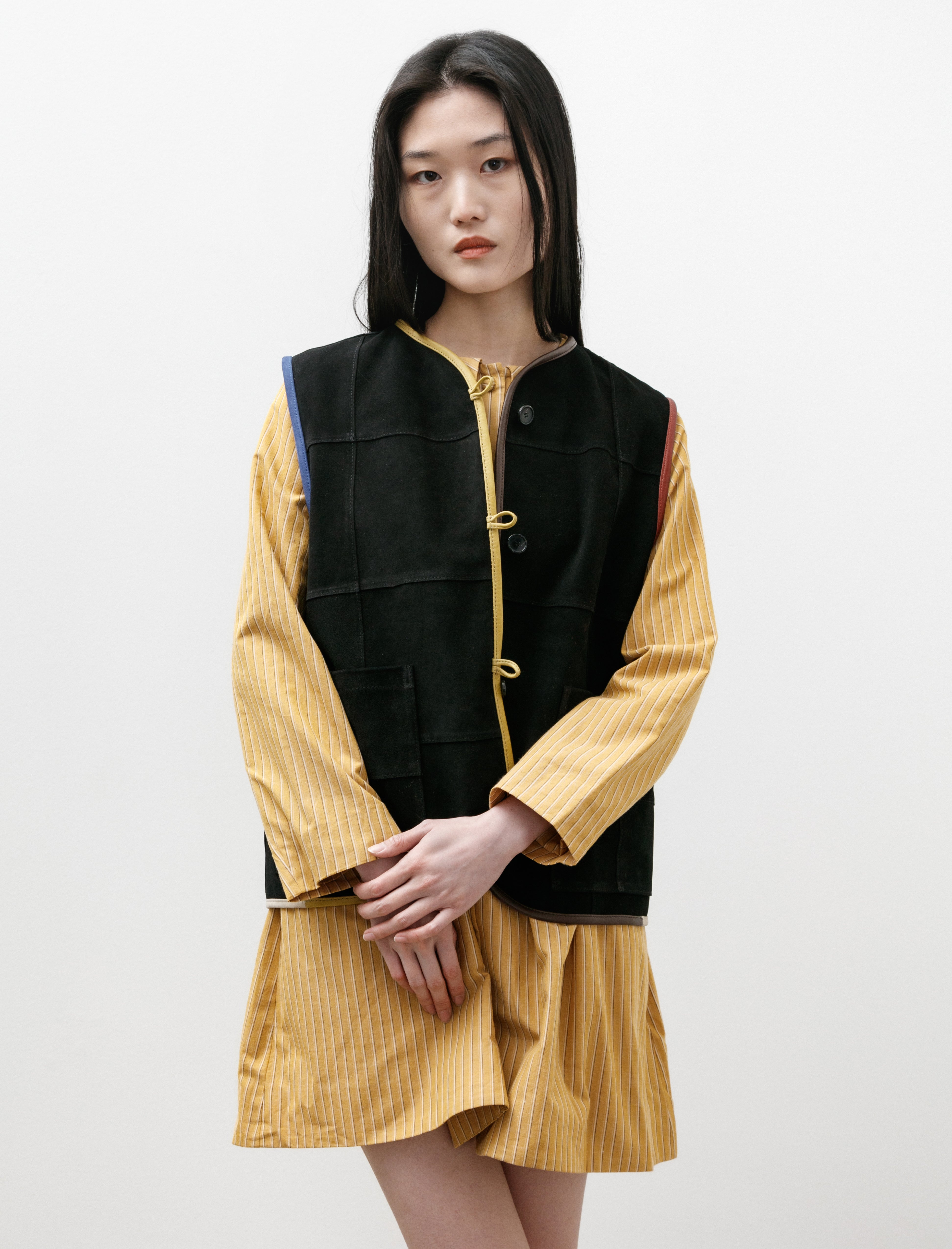 Cawley Ella Vest Suede Check Black With Contrast Trim