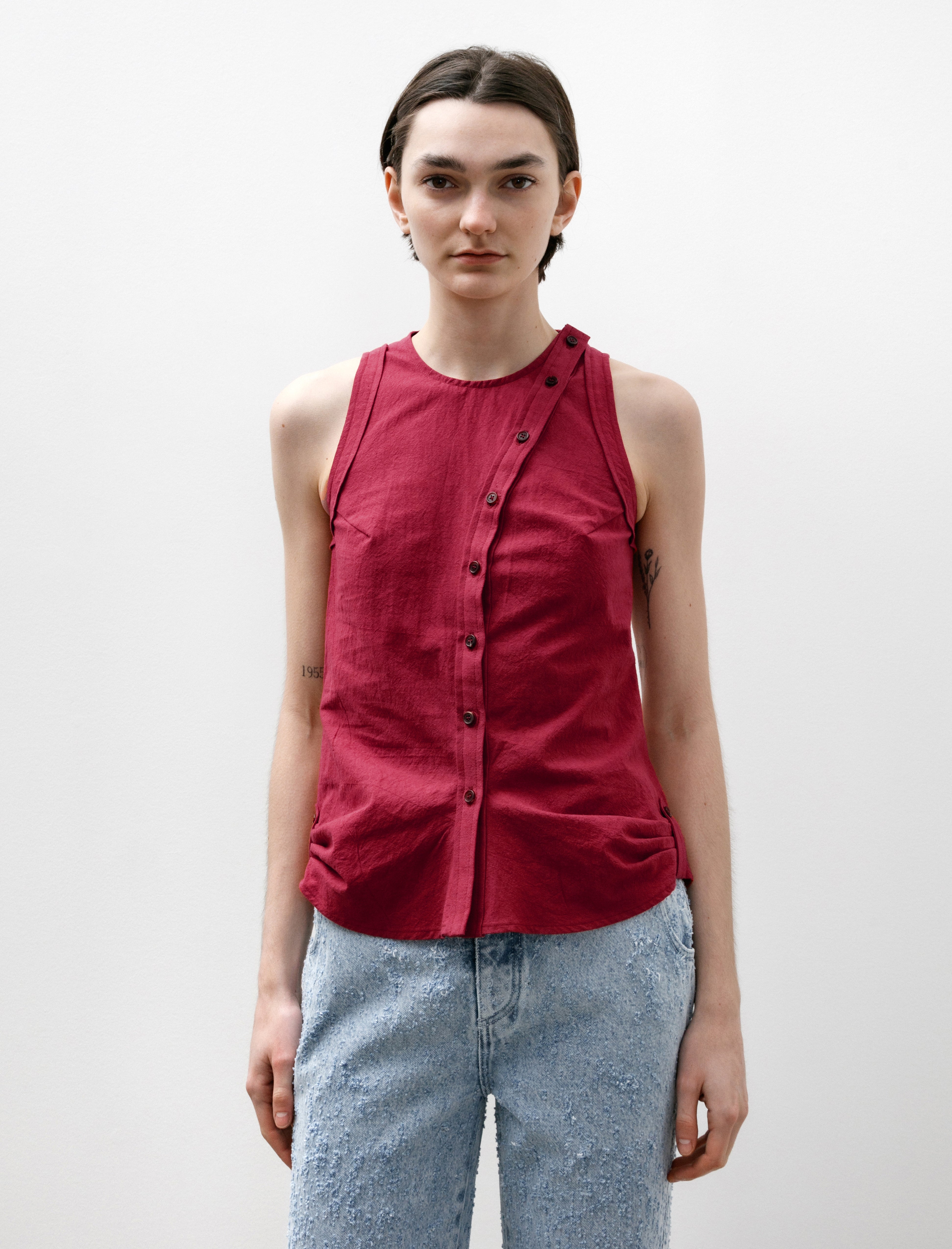 Wanze Button Up Tank Cotton Hemp Red