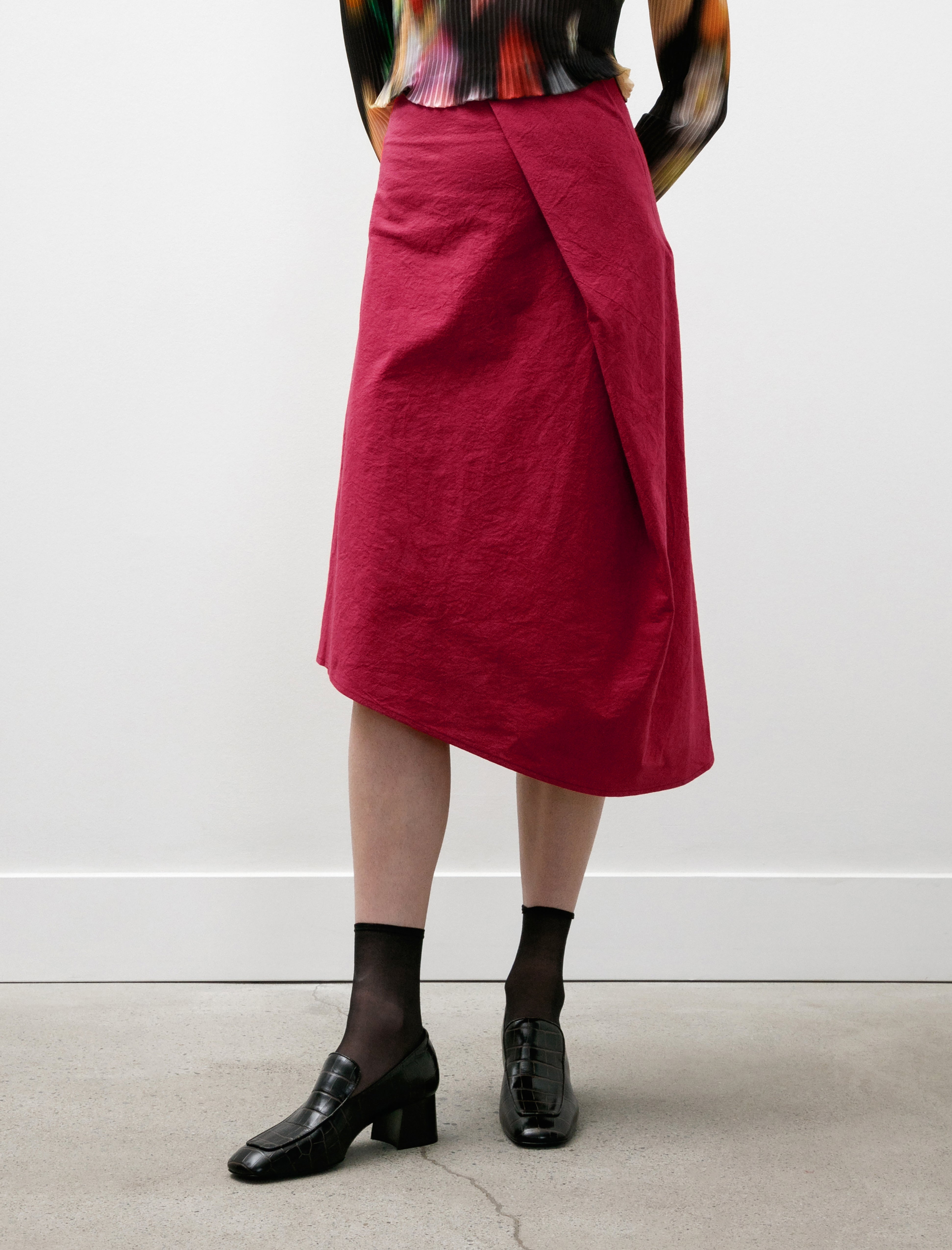 Wanze Pleated Drape Skirt Cotton Hemp Red