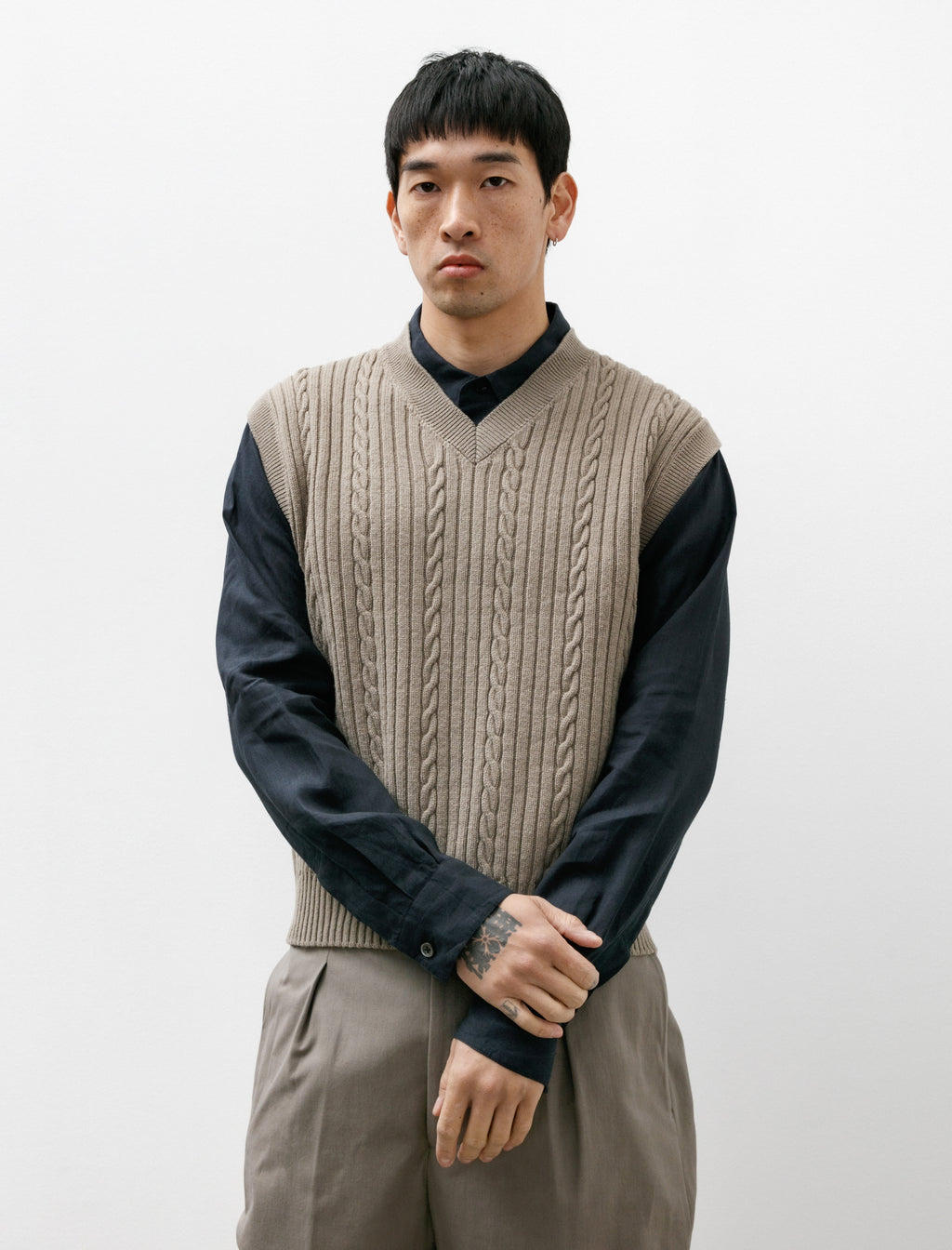 Margaret Howell Cable Slipover Irregular Spun Wool Lichen