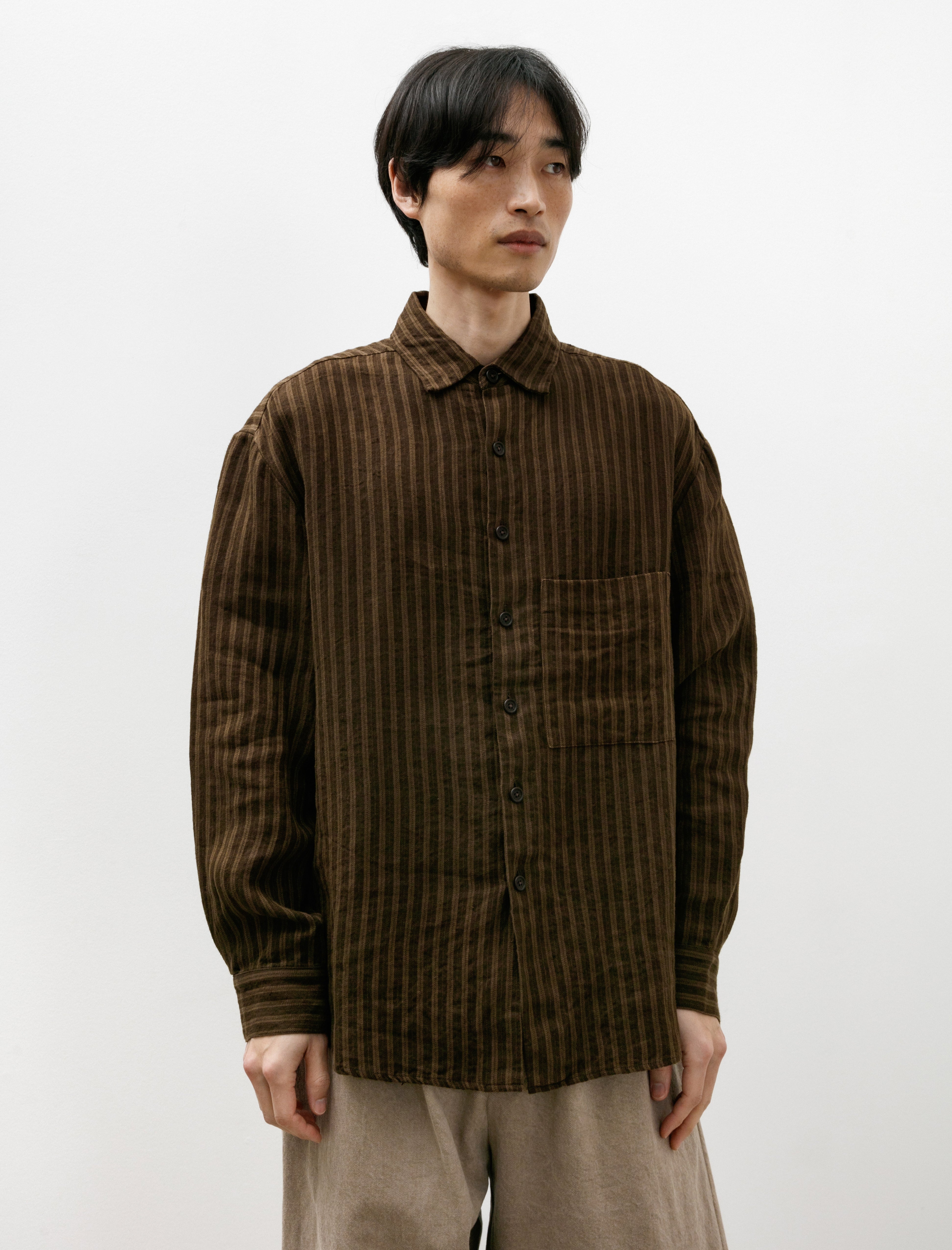 Big Shirt Two Overdyed Linen Herringbone Stripe Brown