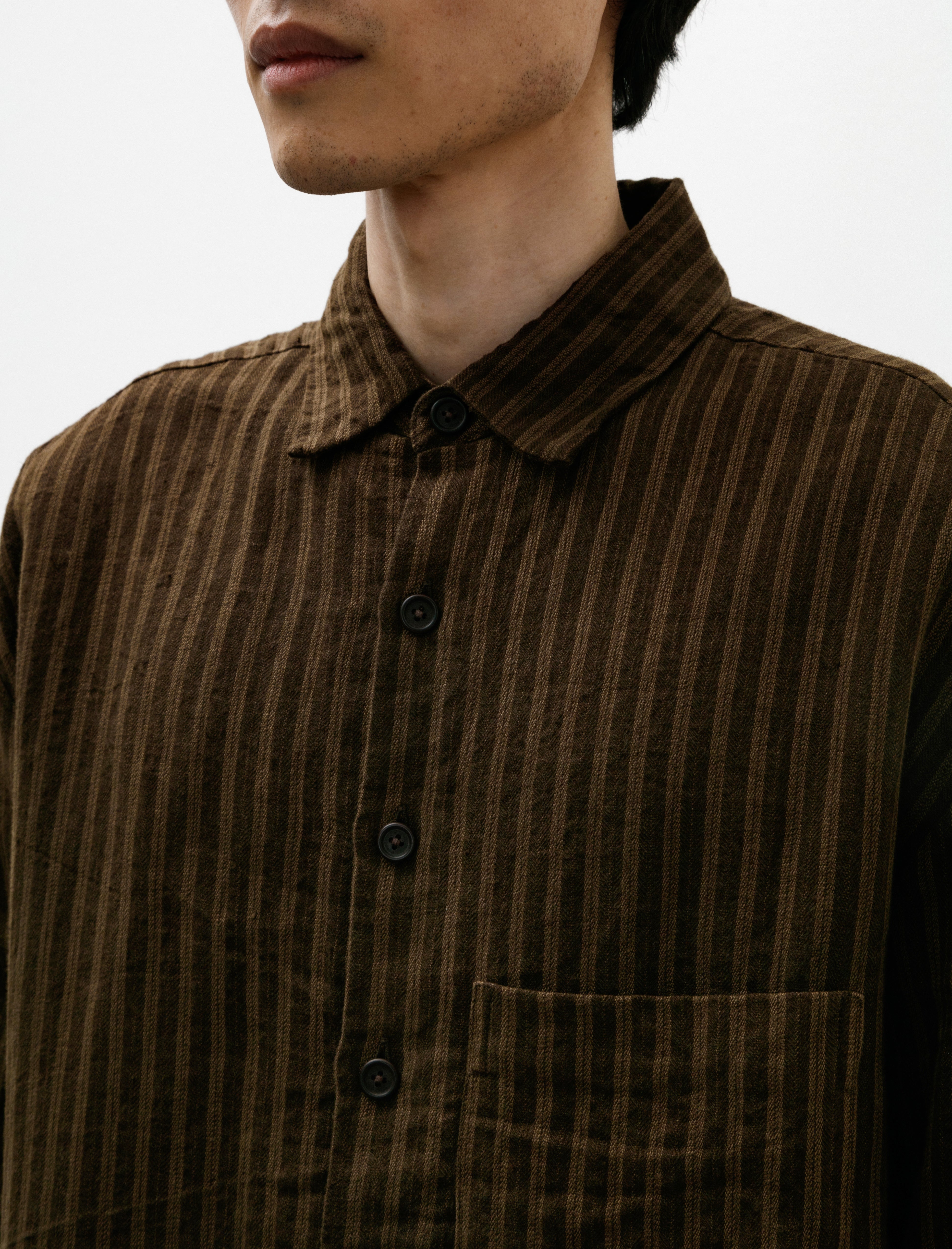 Big Shirt Two Overdyed Linen Herringbone Stripe Brown