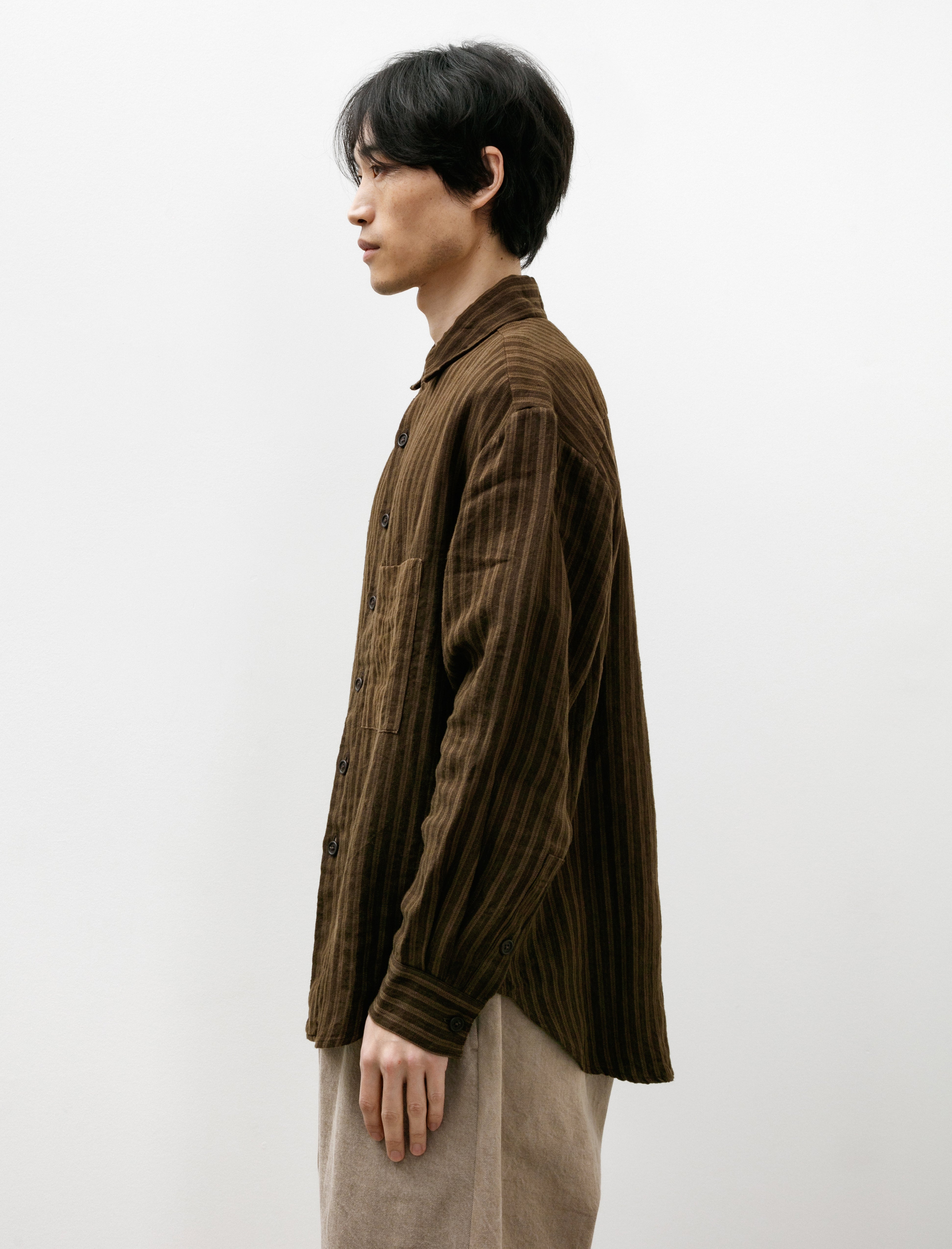 Big Shirt Two Overdyed Linen Herringbone Stripe Brown