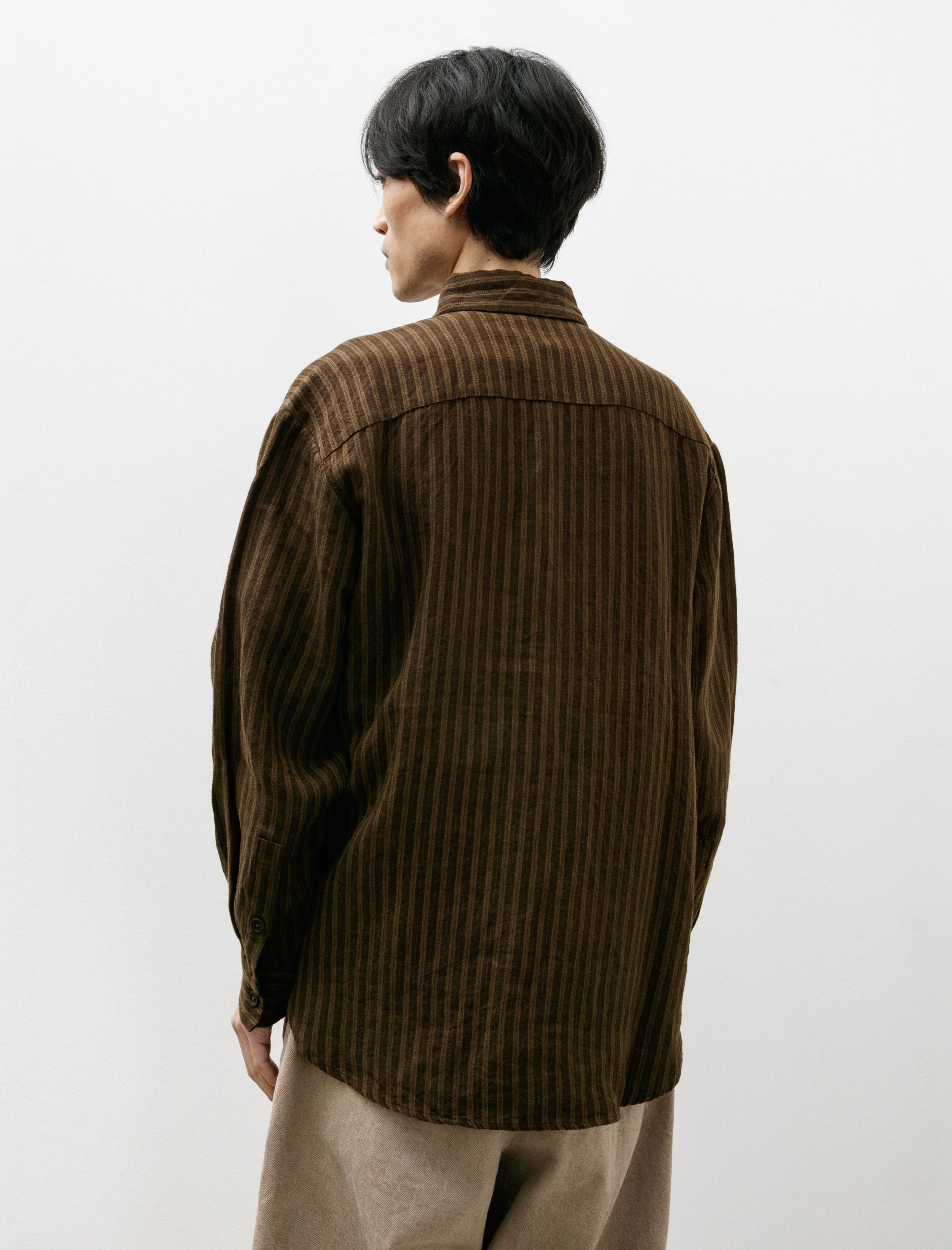 Big Shirt Two Overdyed Linen Herringbone Stripe Brown