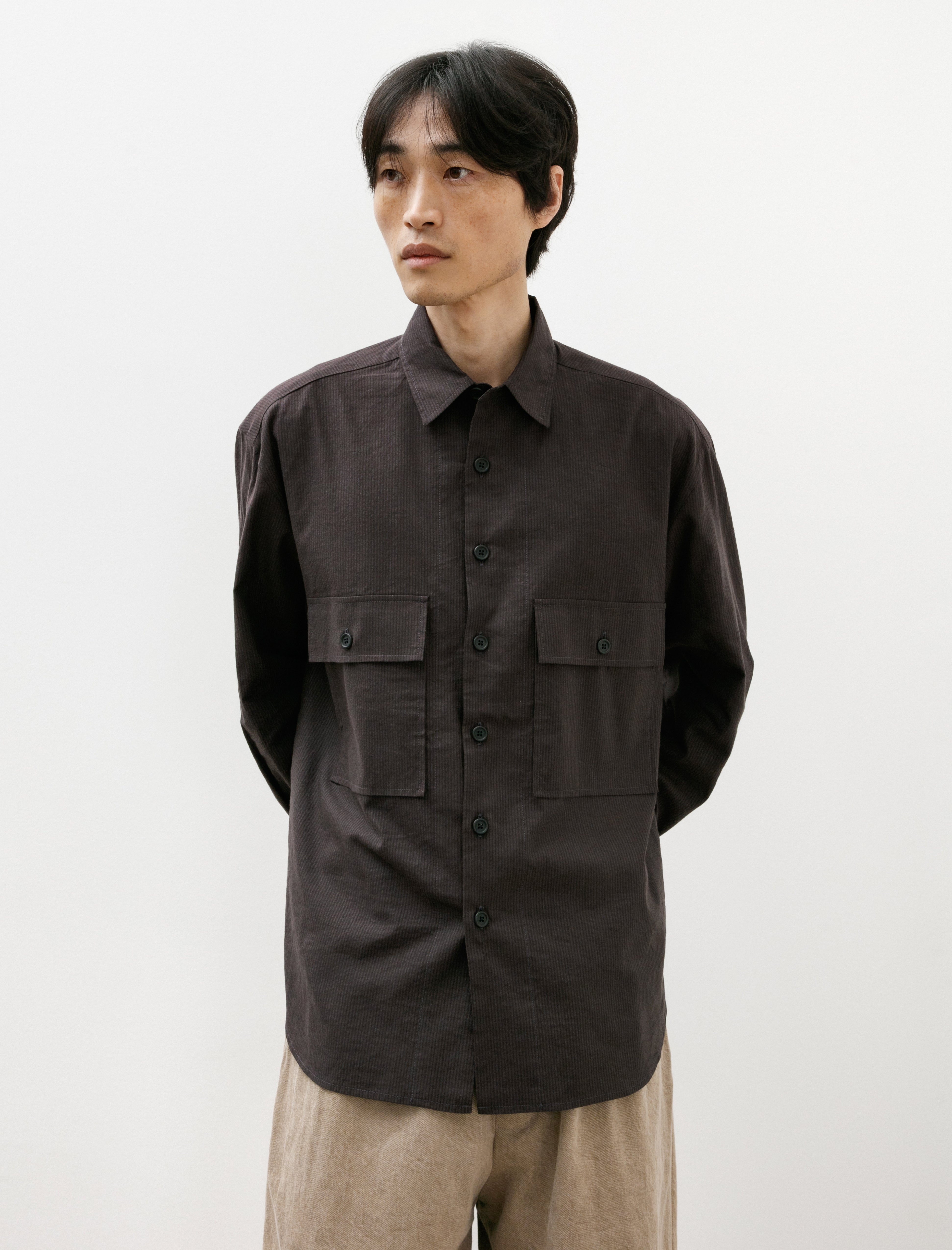 Big Shirt Cotton Linen Silk Stripe Brown Charcoal