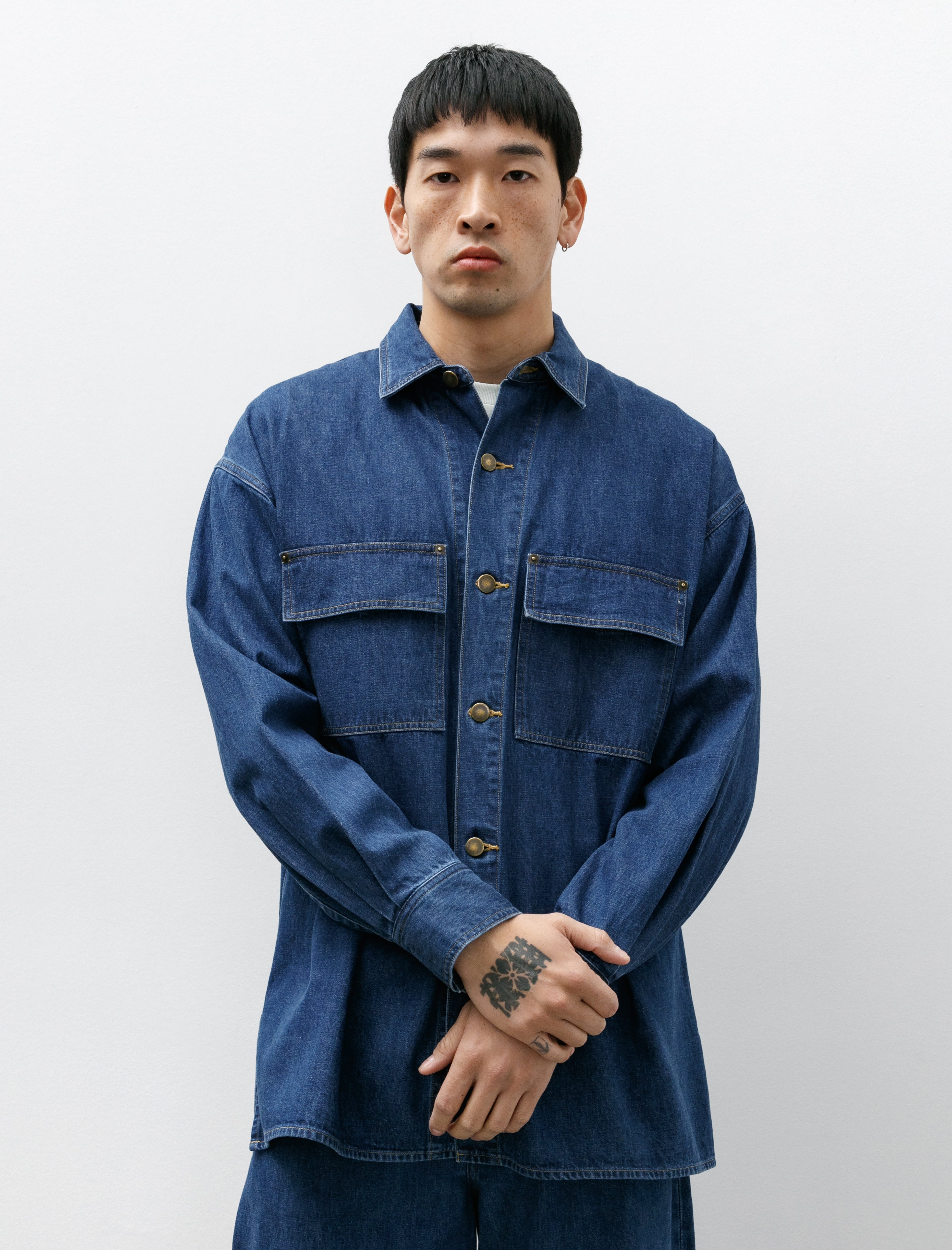 Auralee Selvedge Light Oz Denim Shirt Medium Washed Indigo