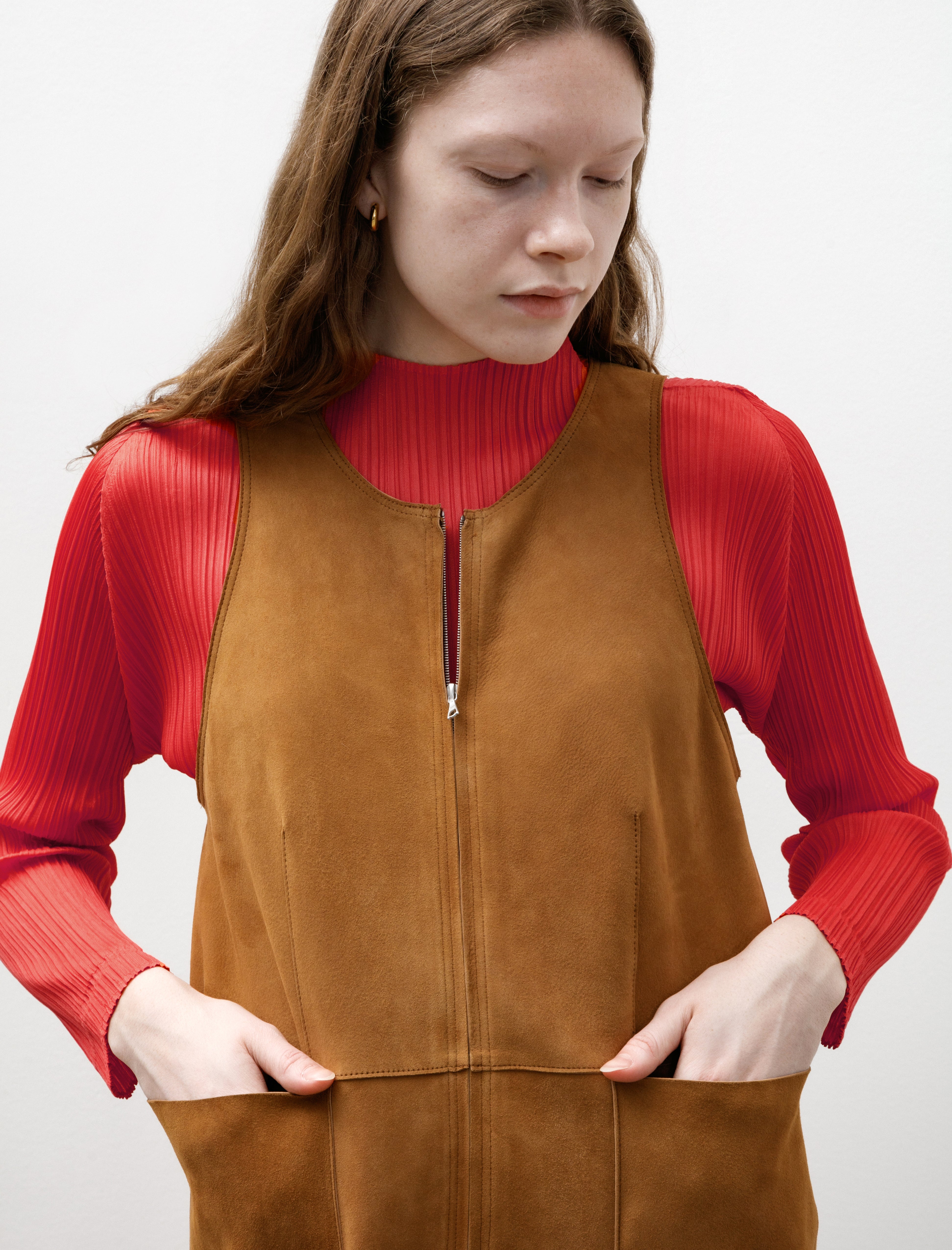 Auralee Lamb Leather Suede Zip Mini Dress Camel