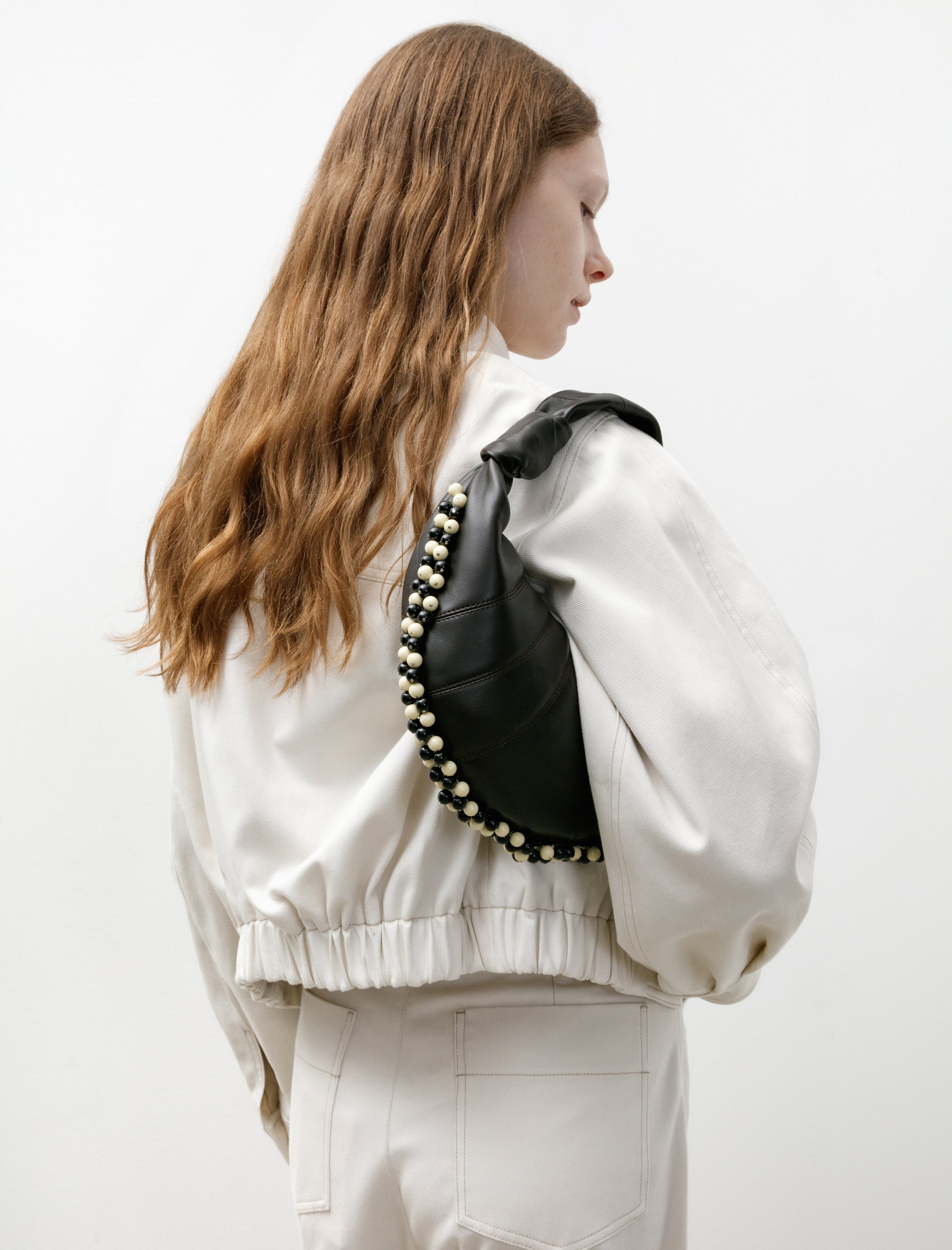 Lemaire Mini Fortune Croissant Bag with Beads Dark Chocolate